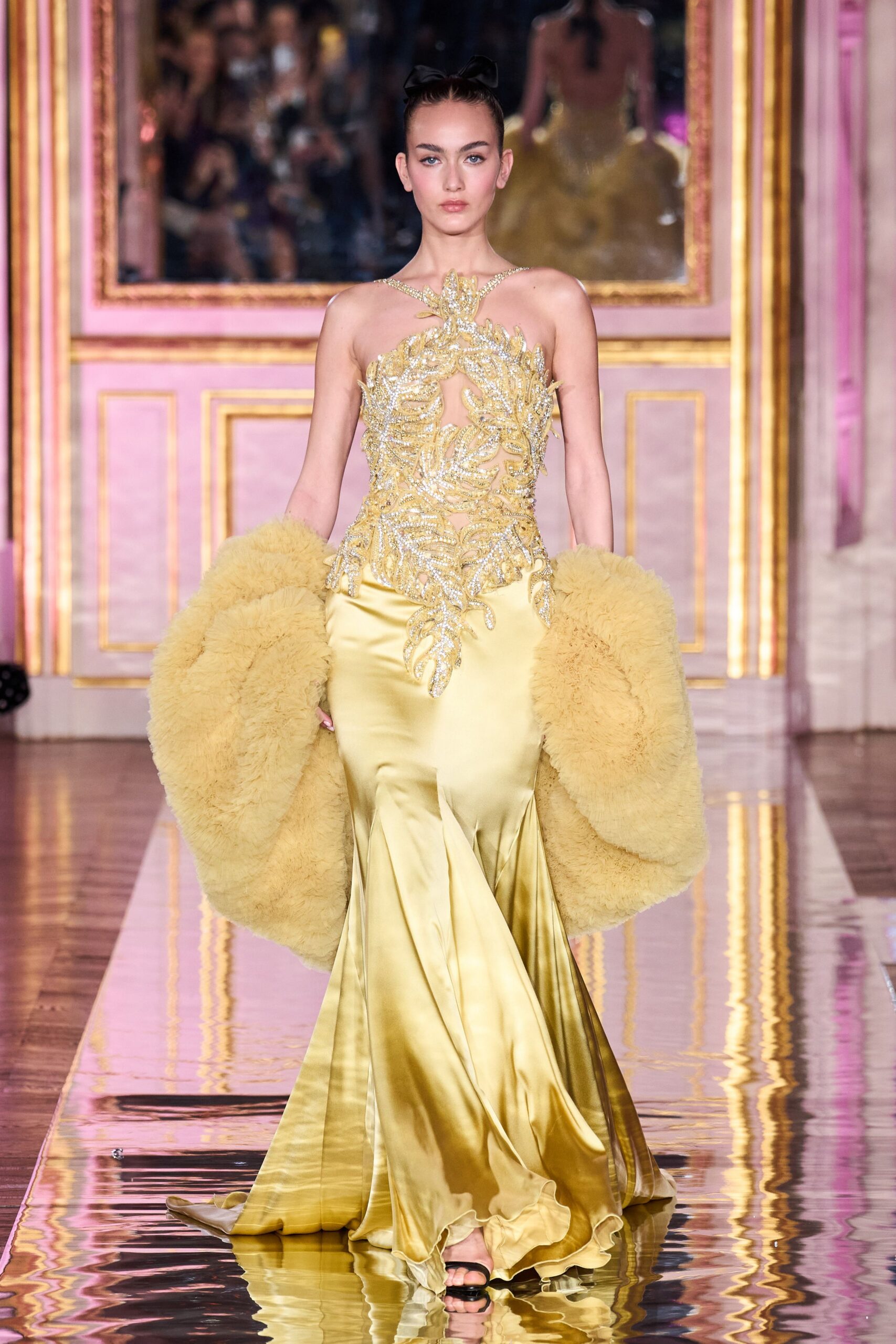 yellow silk sleeveless high-neck fitted embroidered flared gown