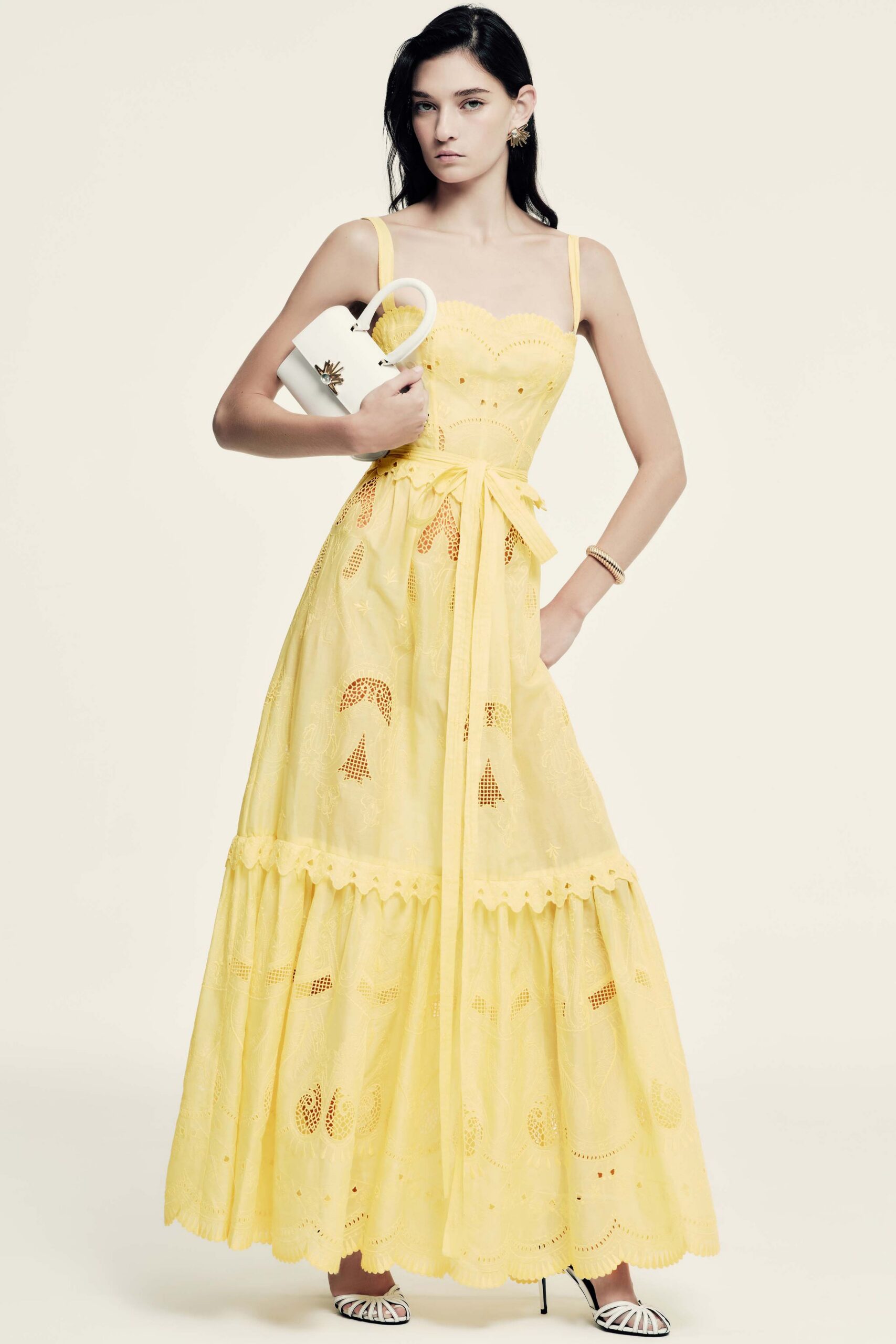 yellow cotton sleeveless v-neck fitted embroidered tiered maxi-dress