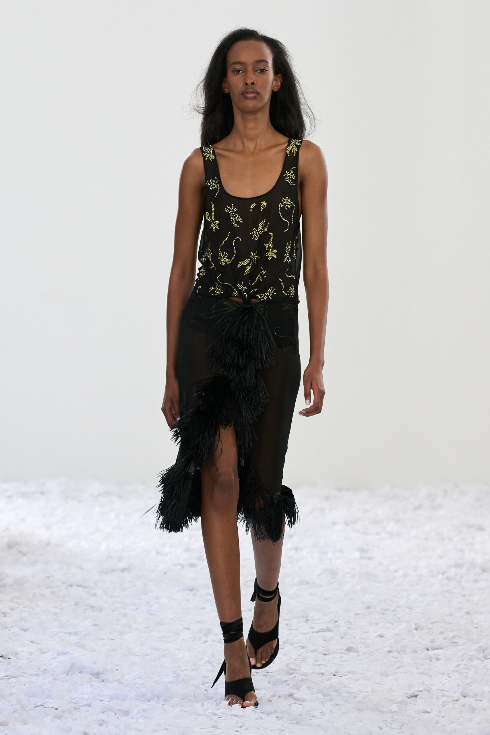 black silk sleeveless v-neck fitted embroidered fringed dress