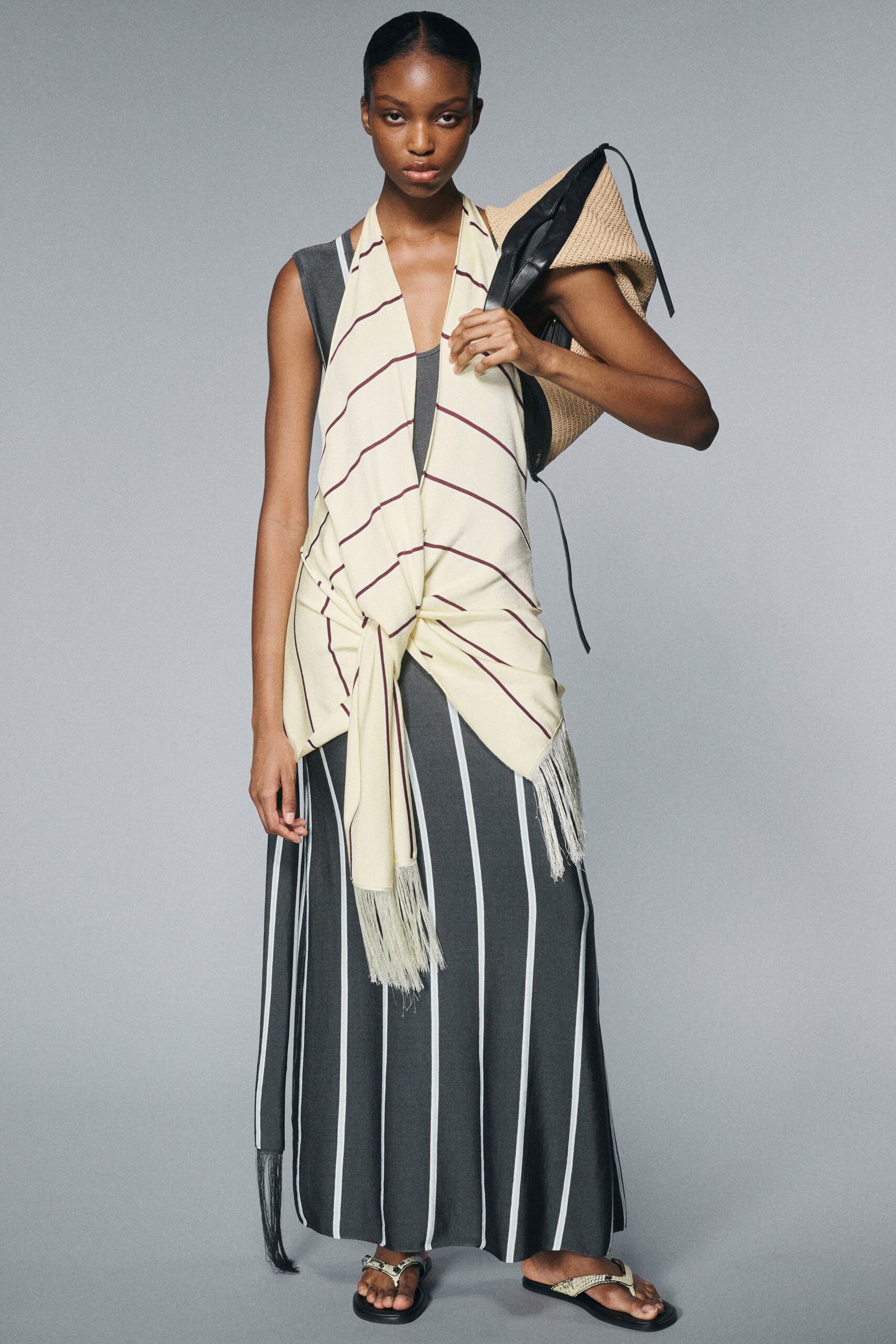 gray cotton sleeveless v-neck fitted striped tiered dress
