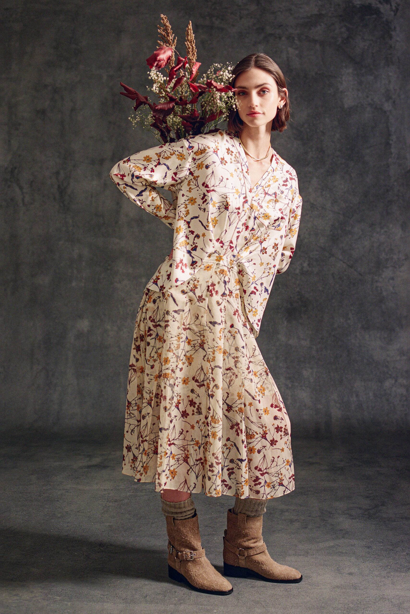 beige floral midi dress with brown boots
