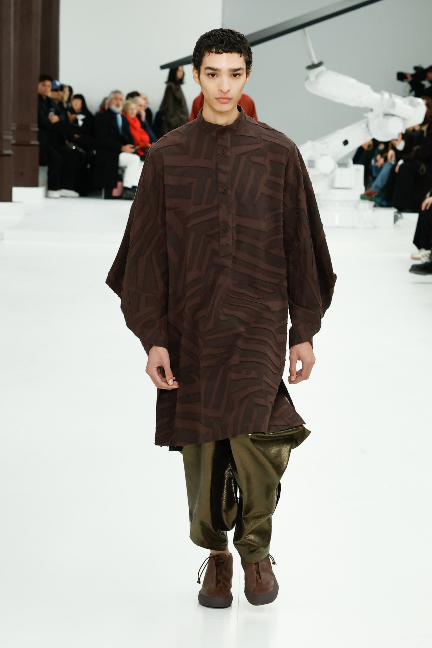 brown cotton long-sleeve collared relaxed textured shirt