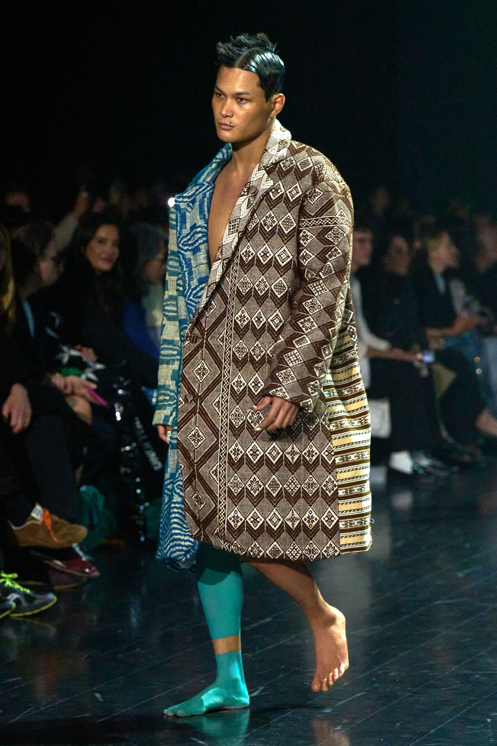 printed coat with green pants