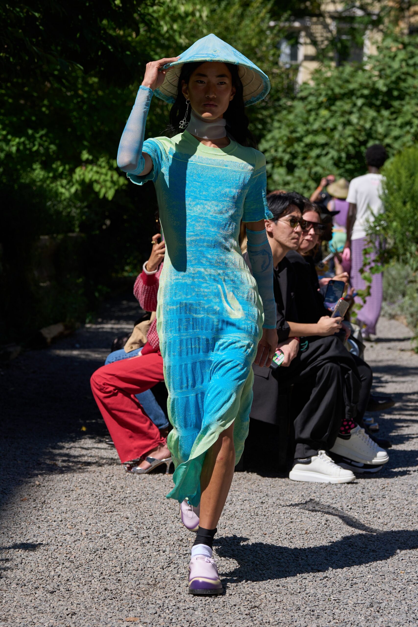 blue silk long-sleeve high-neck fitted layered draped dress