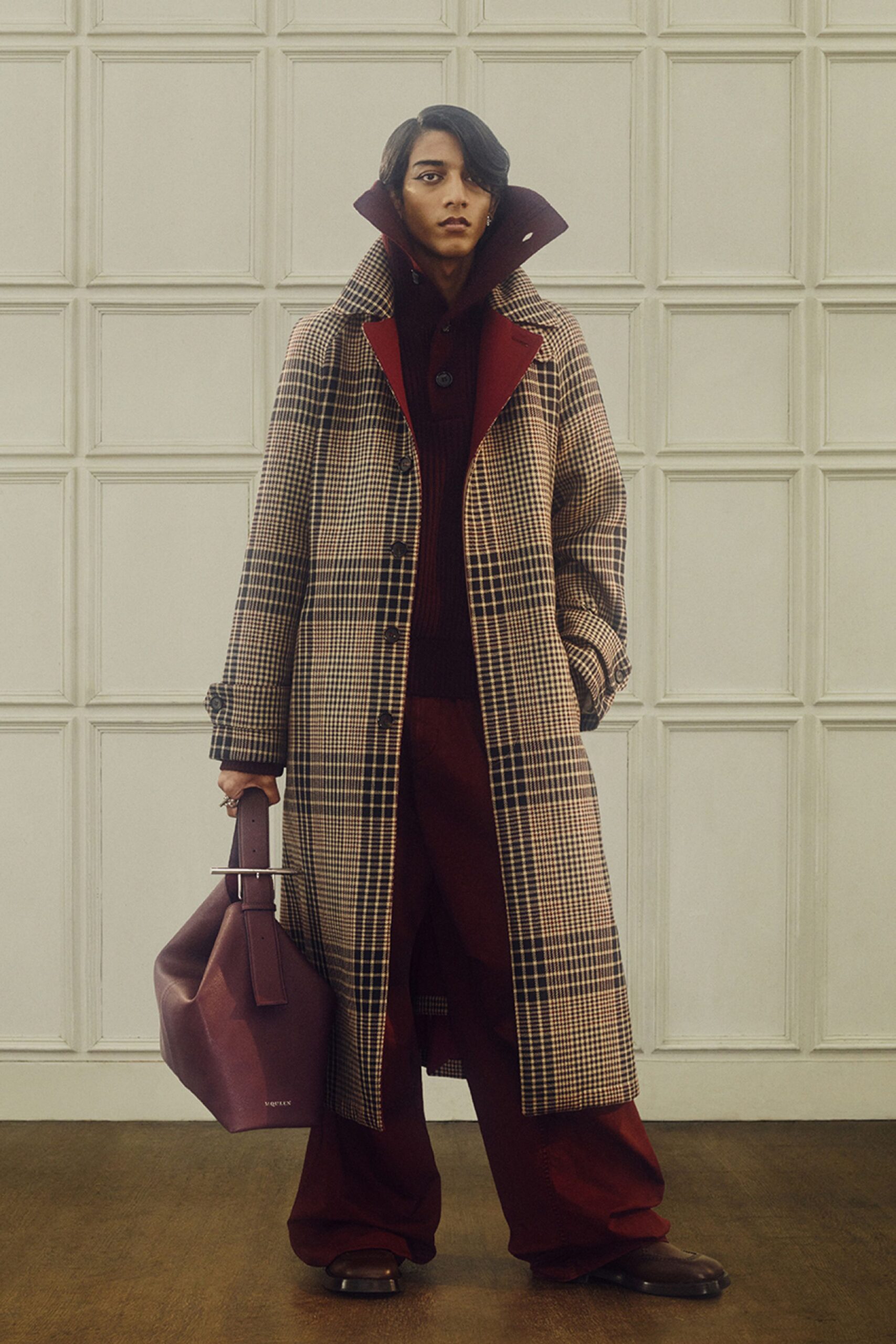red wool long-sleeve collared fitted sweater