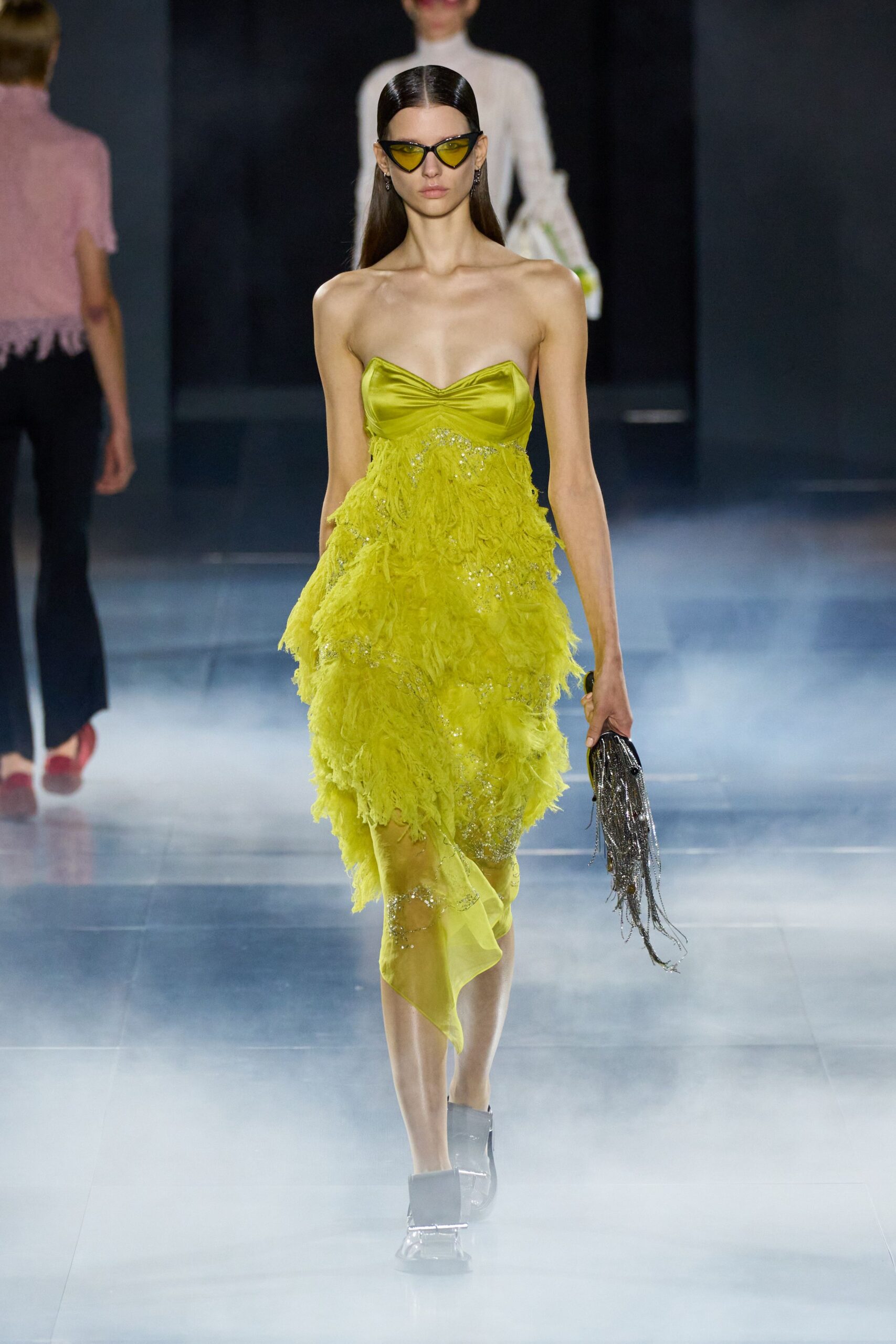 yellow silk strapless fitted ruffled embellished flowing dress