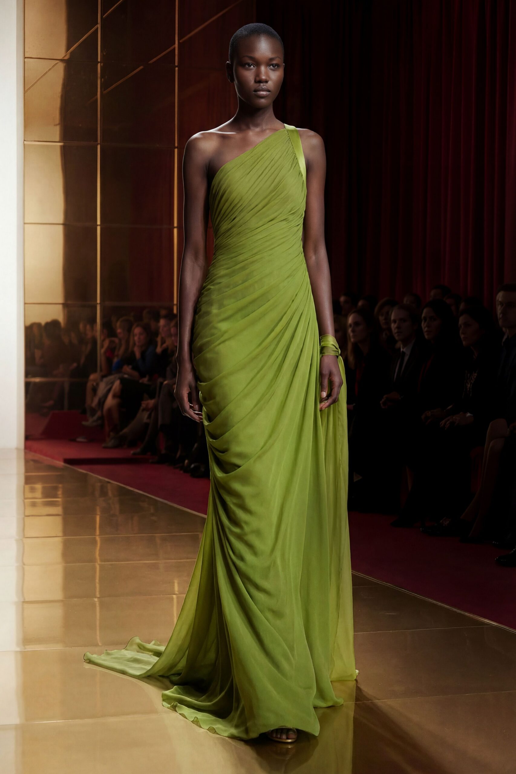 green silk sleeveless off-shoulder fitted ruched flowing gown