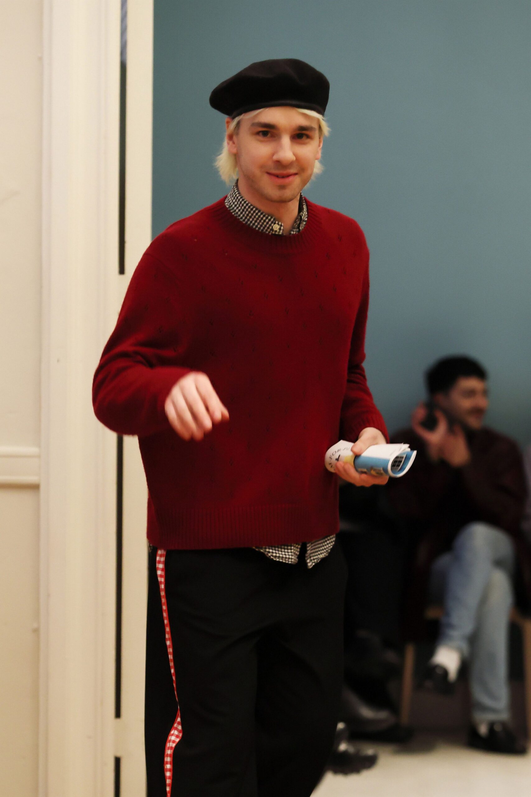 red wool long-sleeve collared fitted textured sweater