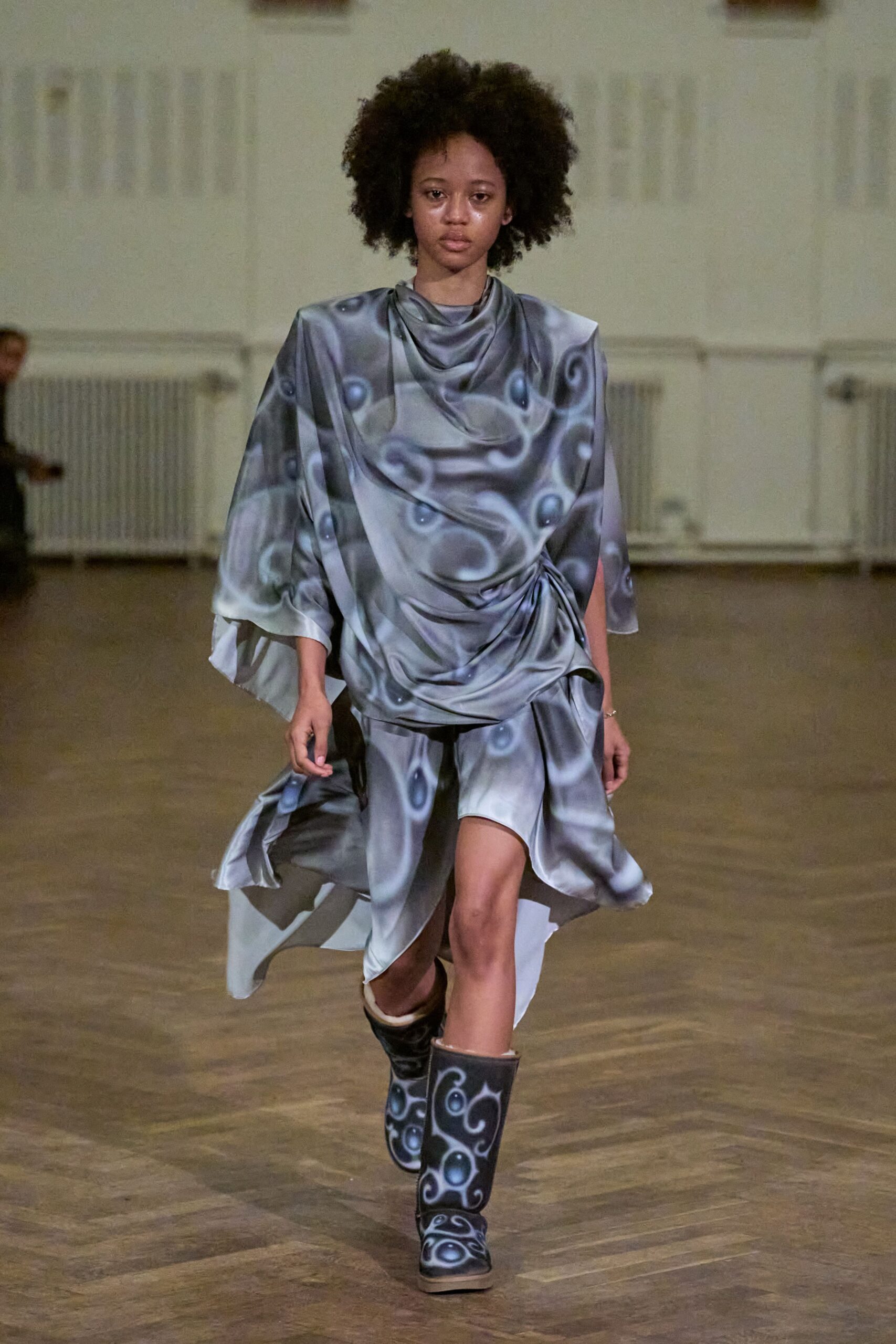 gray silk sleeveless v-neck relaxed draped flowing dress
