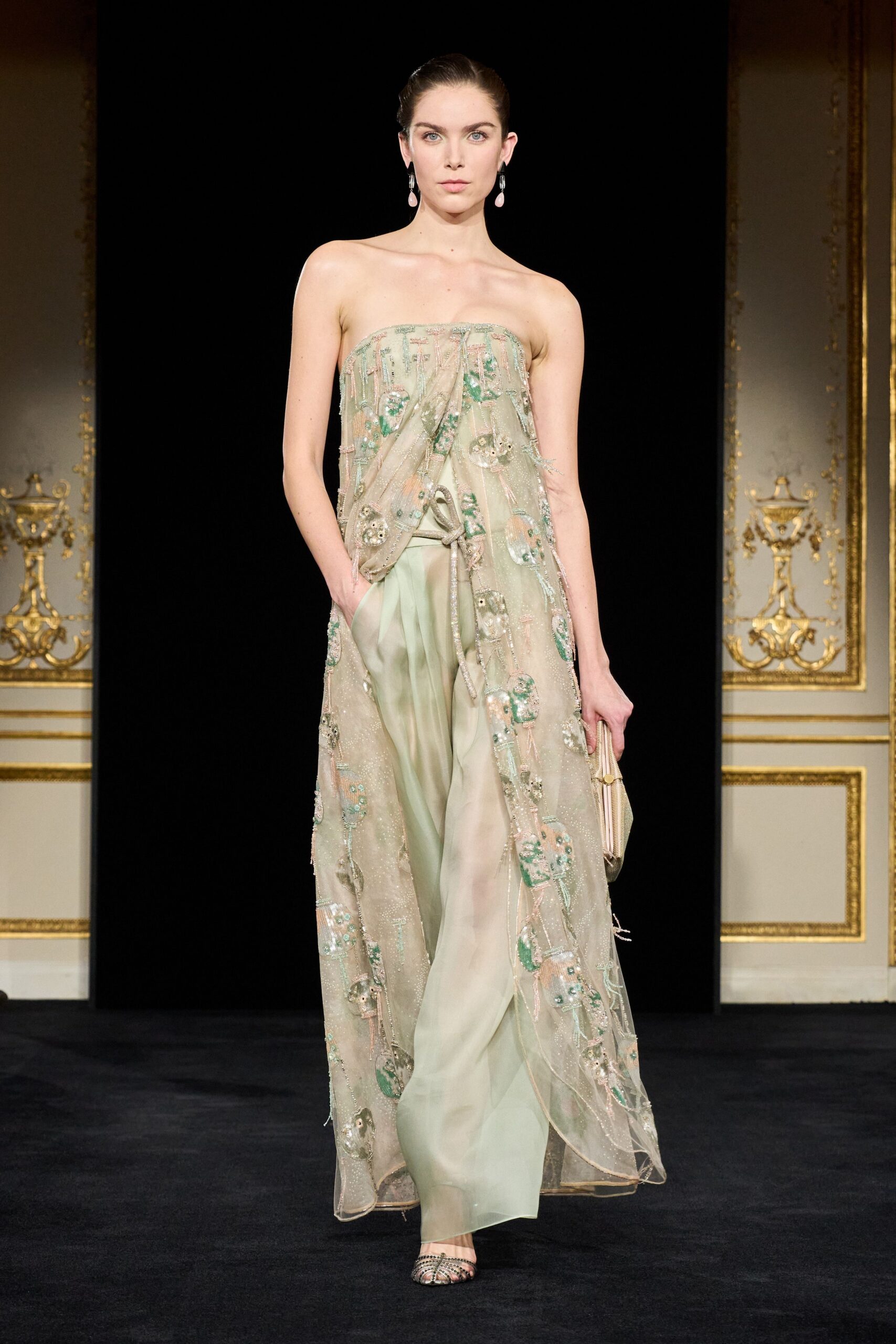 green silk strapless fitted embroidered layered sheer gown