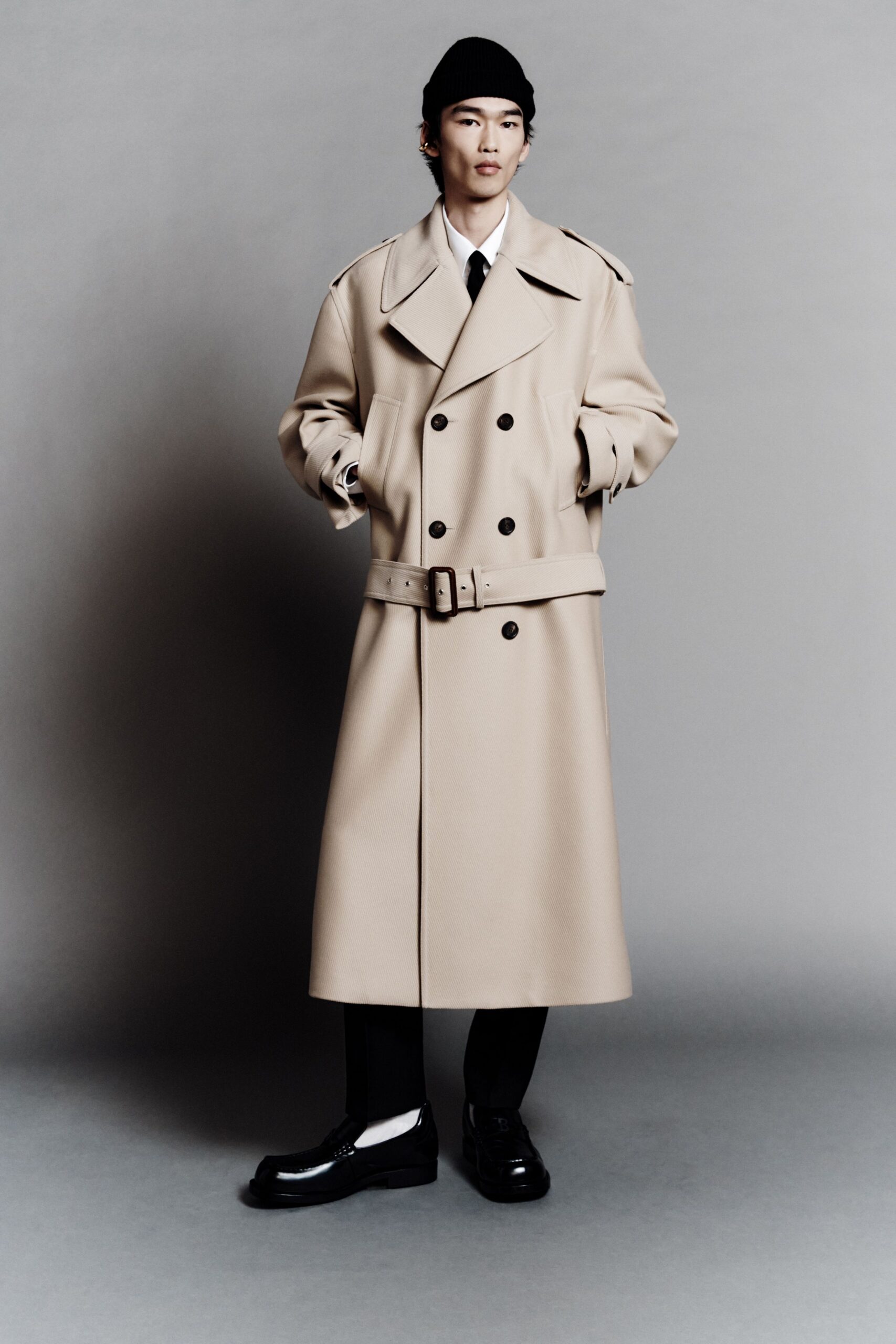 beige wool long-sleeve collared structured belted maxi trench