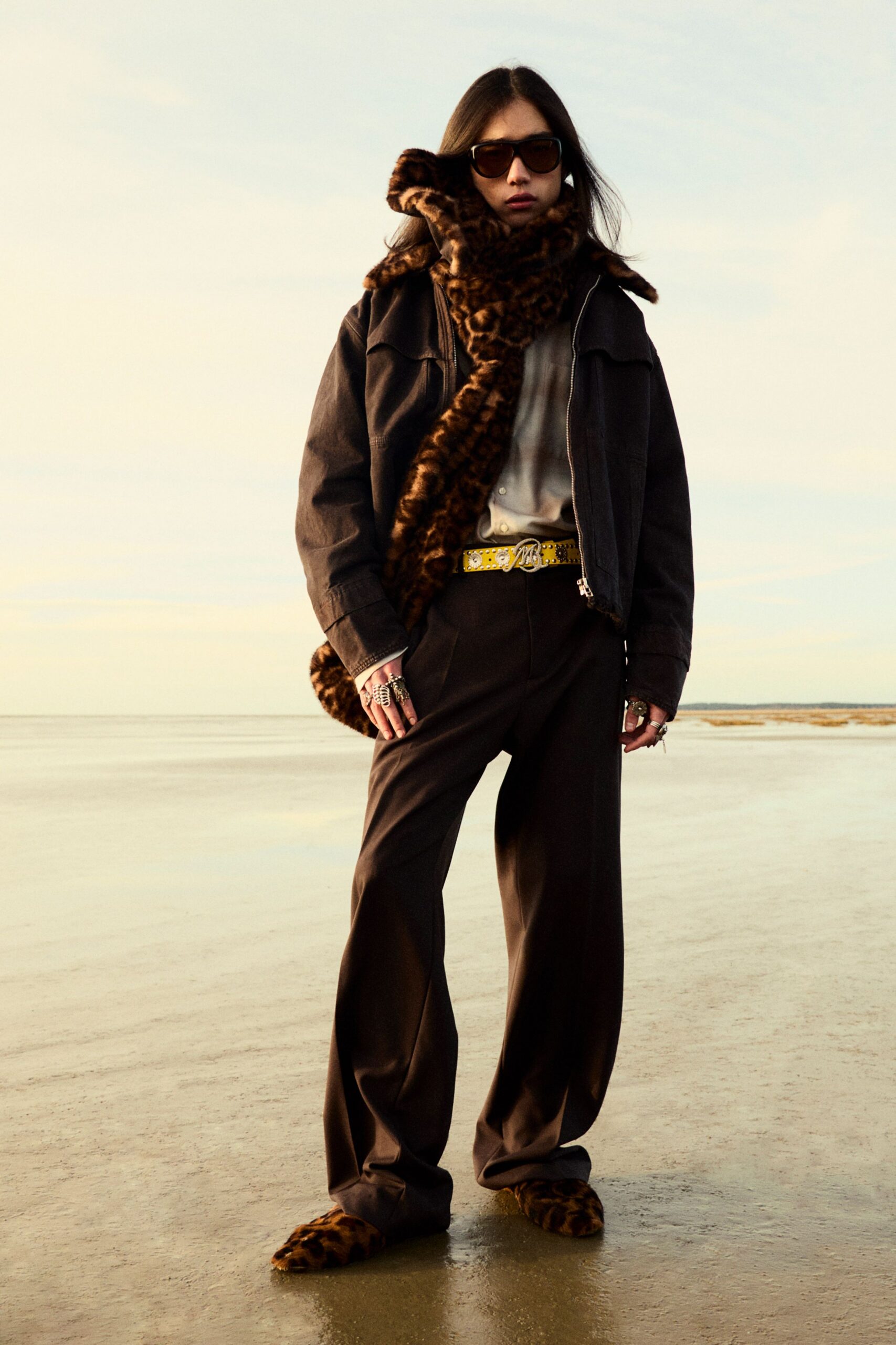 black relaxed jacket with brown pants