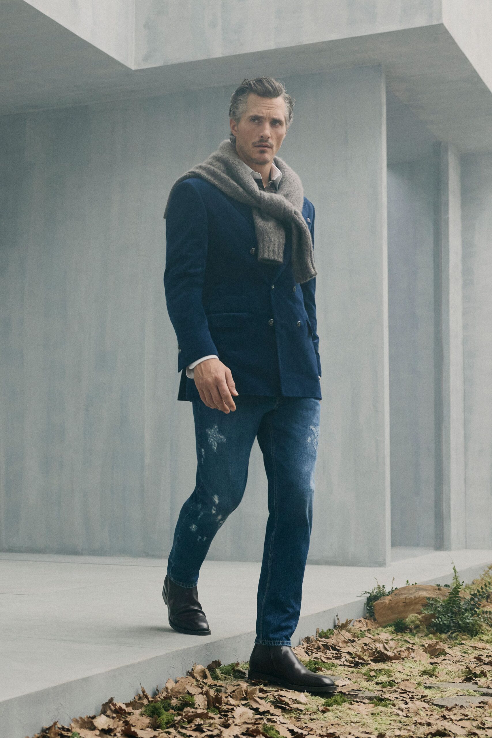 blue tailored blazer with gray scarf