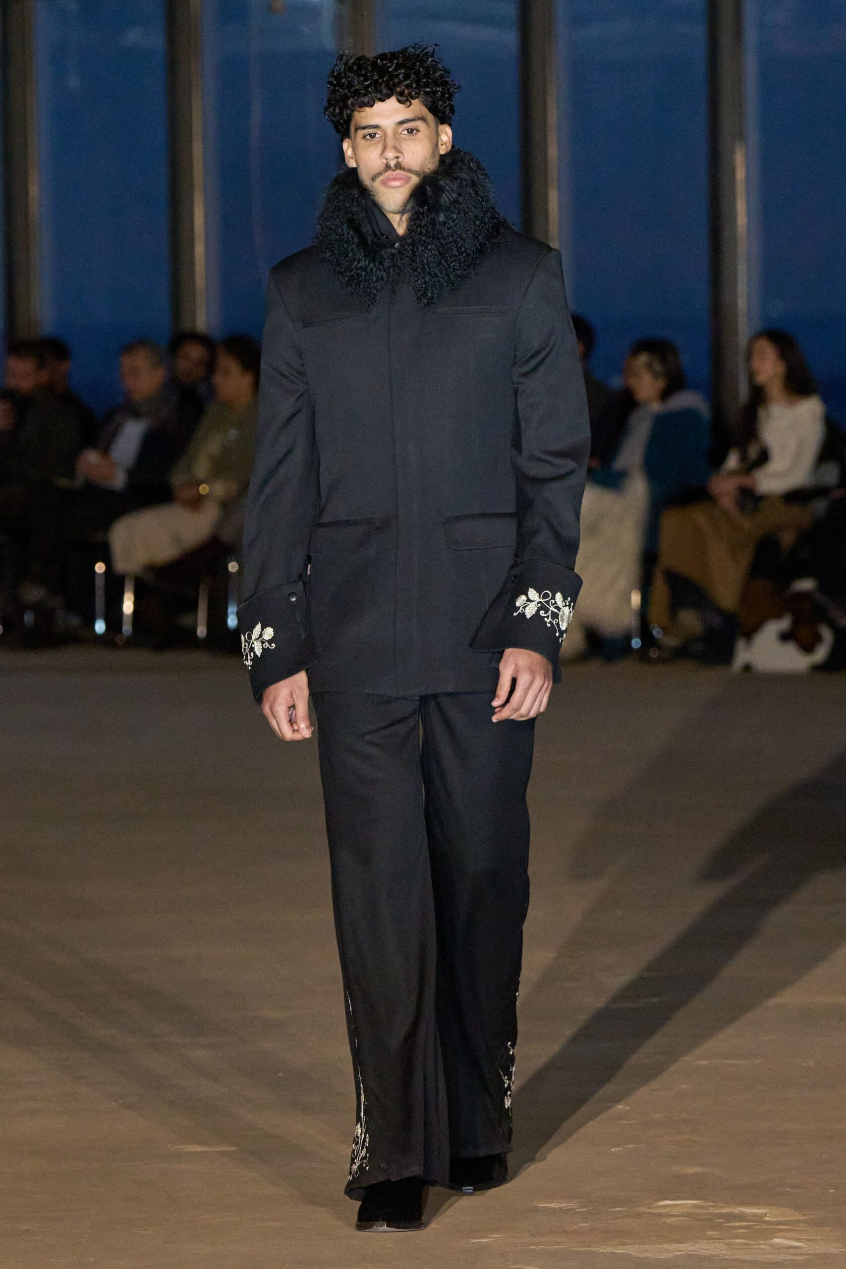 black wool long-sleeve collared fitted buttoned embroidered coat