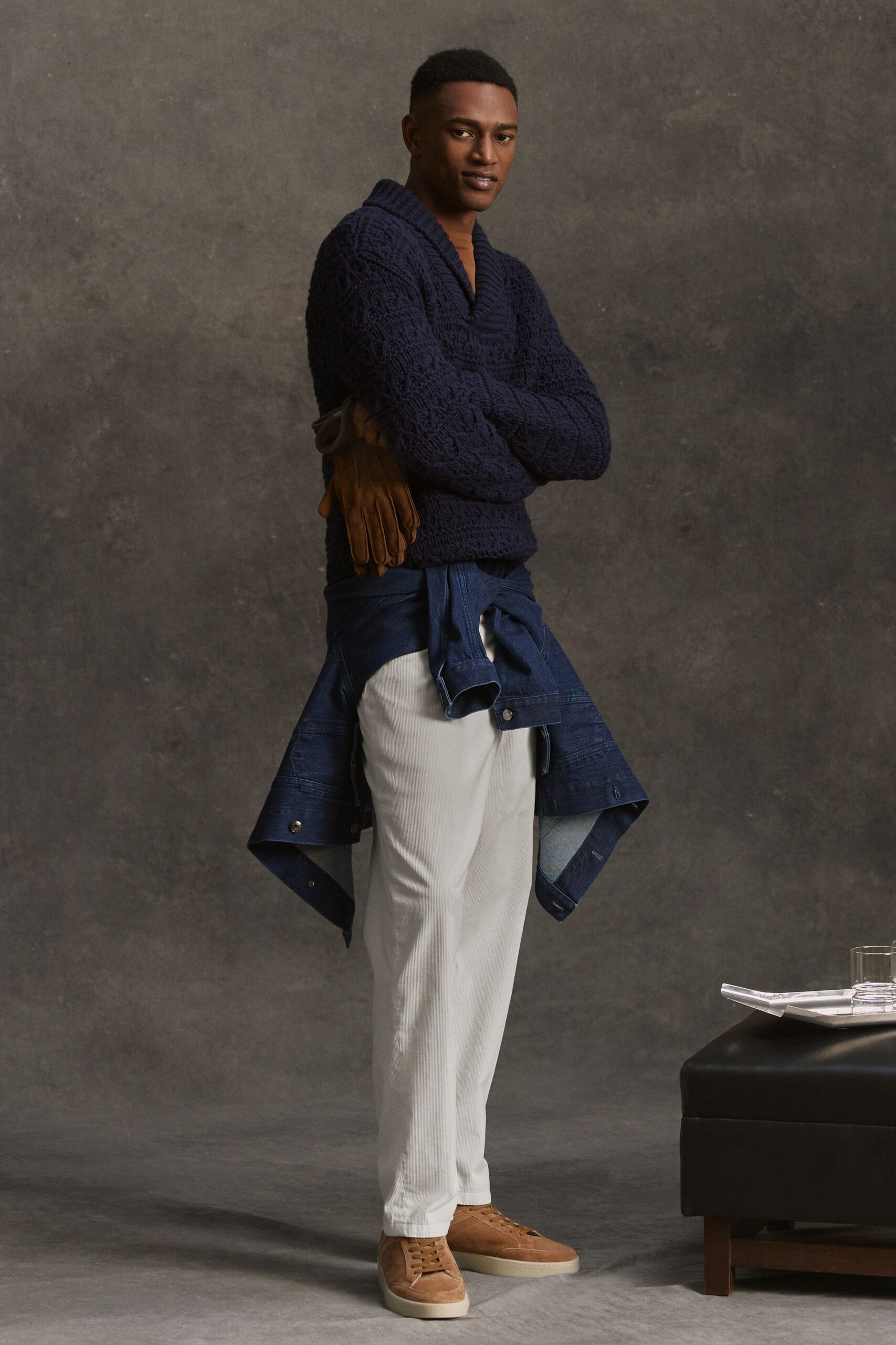 blue cotton long-sleeve v-neck fitted textured sweater