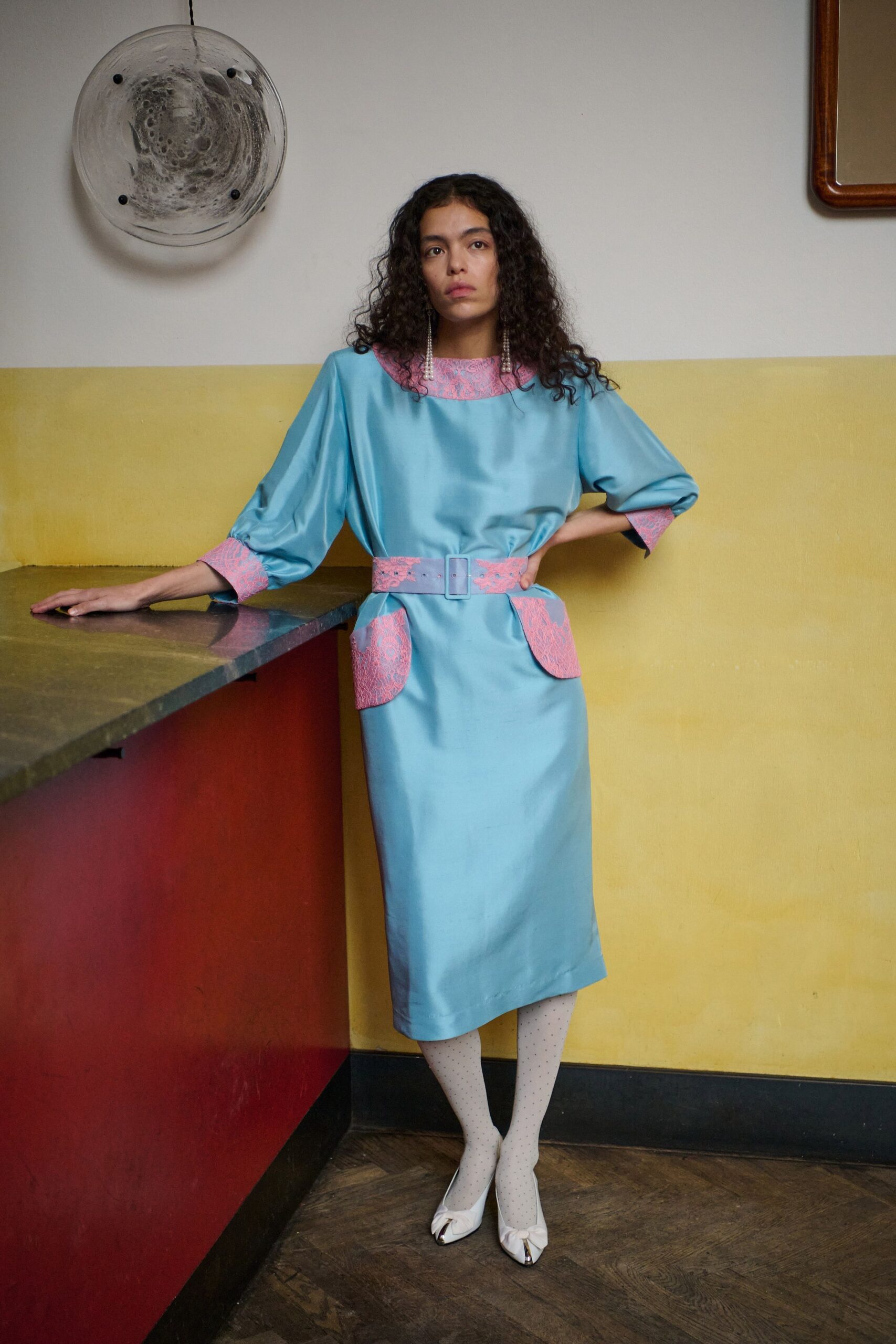 blue silk long-sleeve collared relaxed belted pockets dress