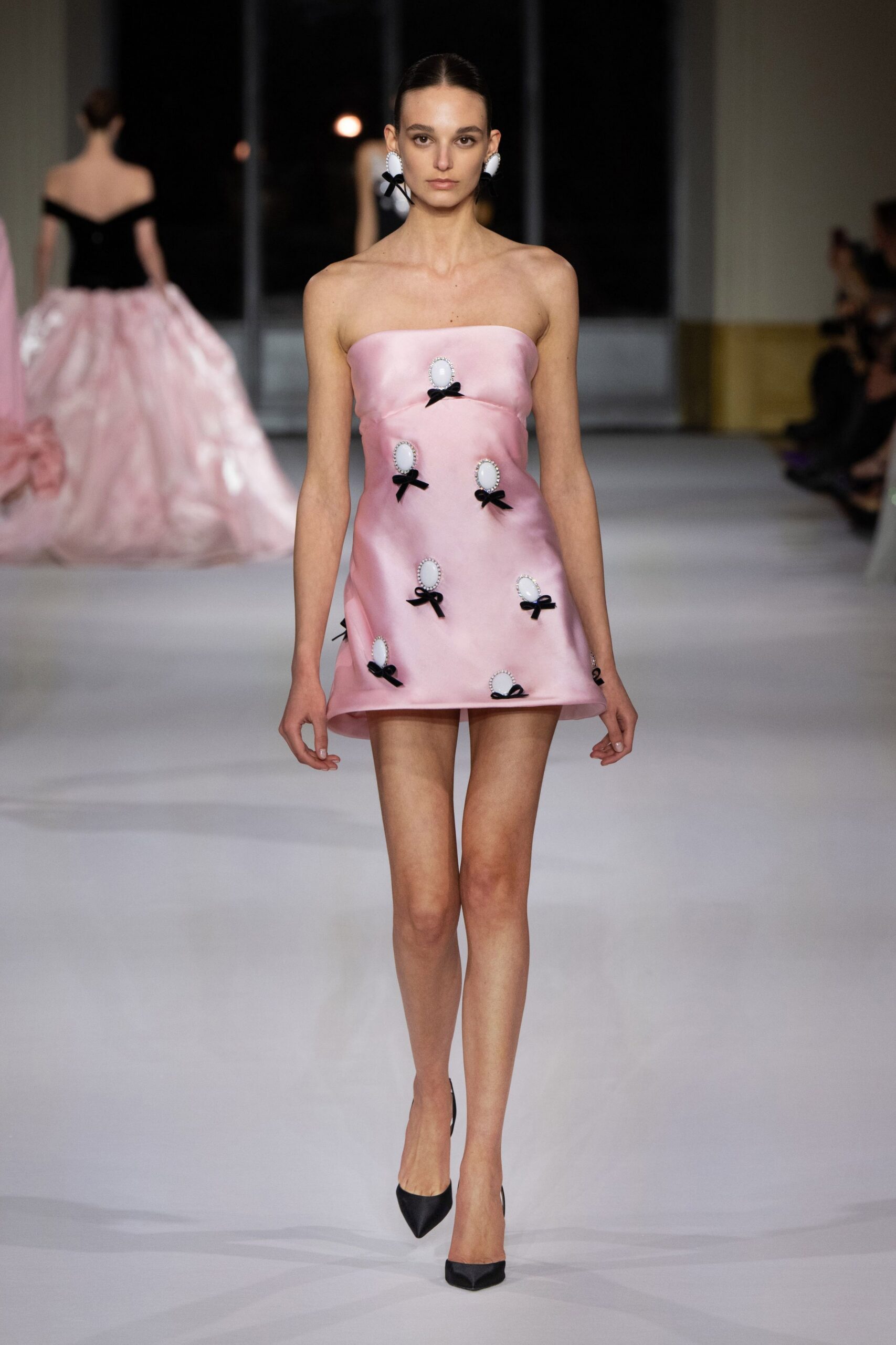pink silk strapless fitted embroidered mini mini-dress