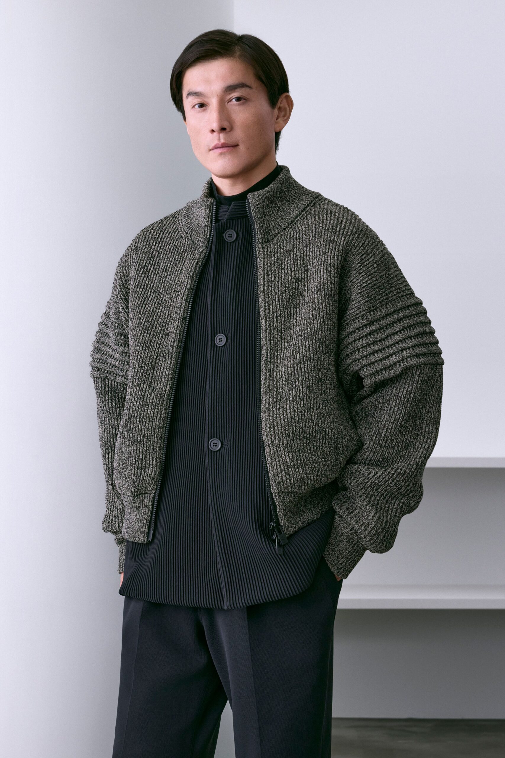 gray wool long-sleeve collared relaxed textured jacket
