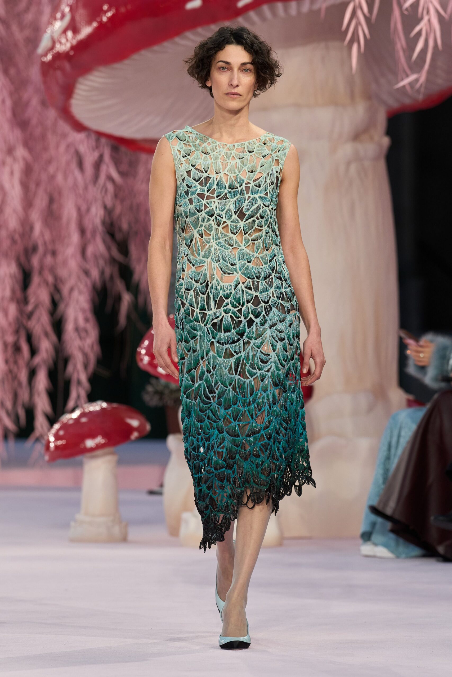 green lace sleeveless high-neck fitted layered flared dress