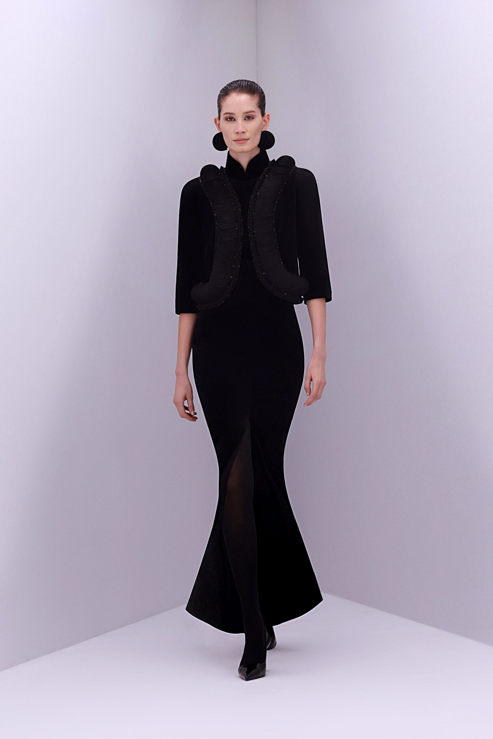 black silk short-sleeve collared structured layered jacket