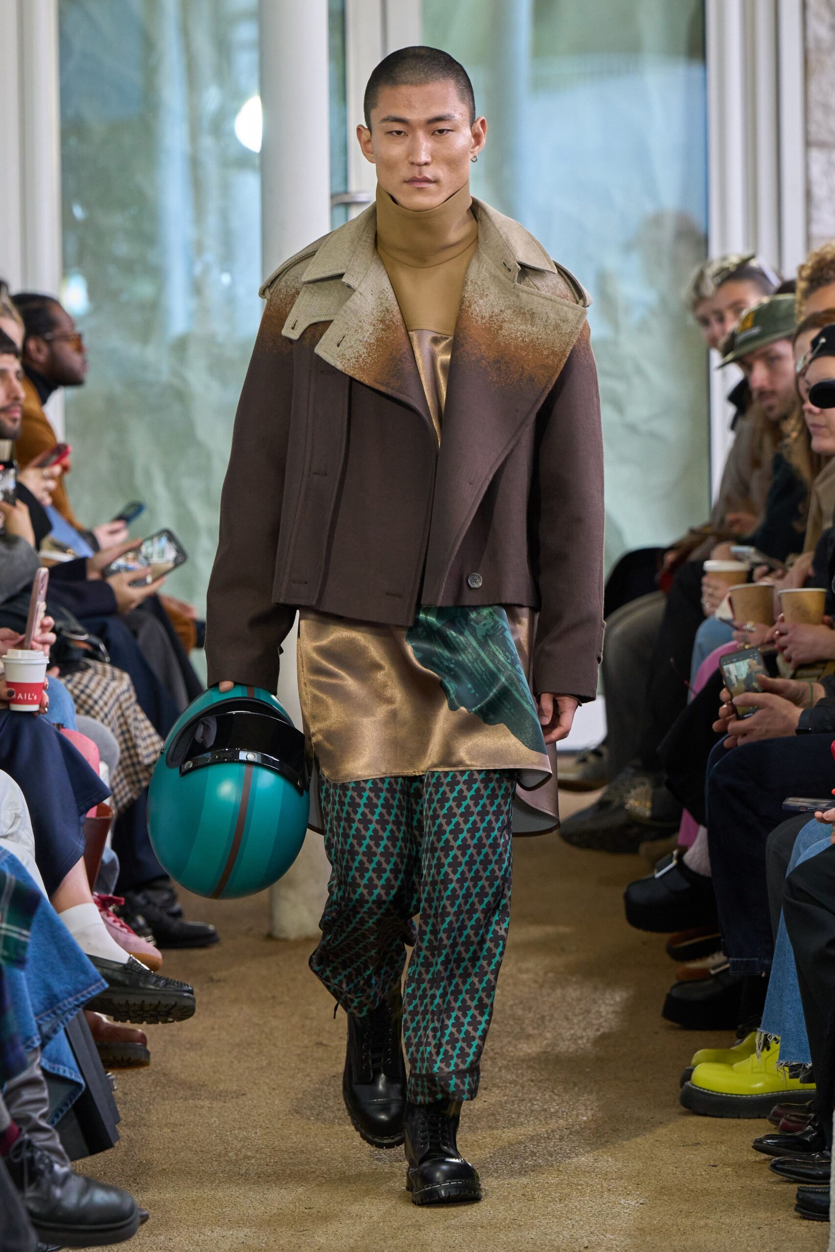 brown wool coat with beige top