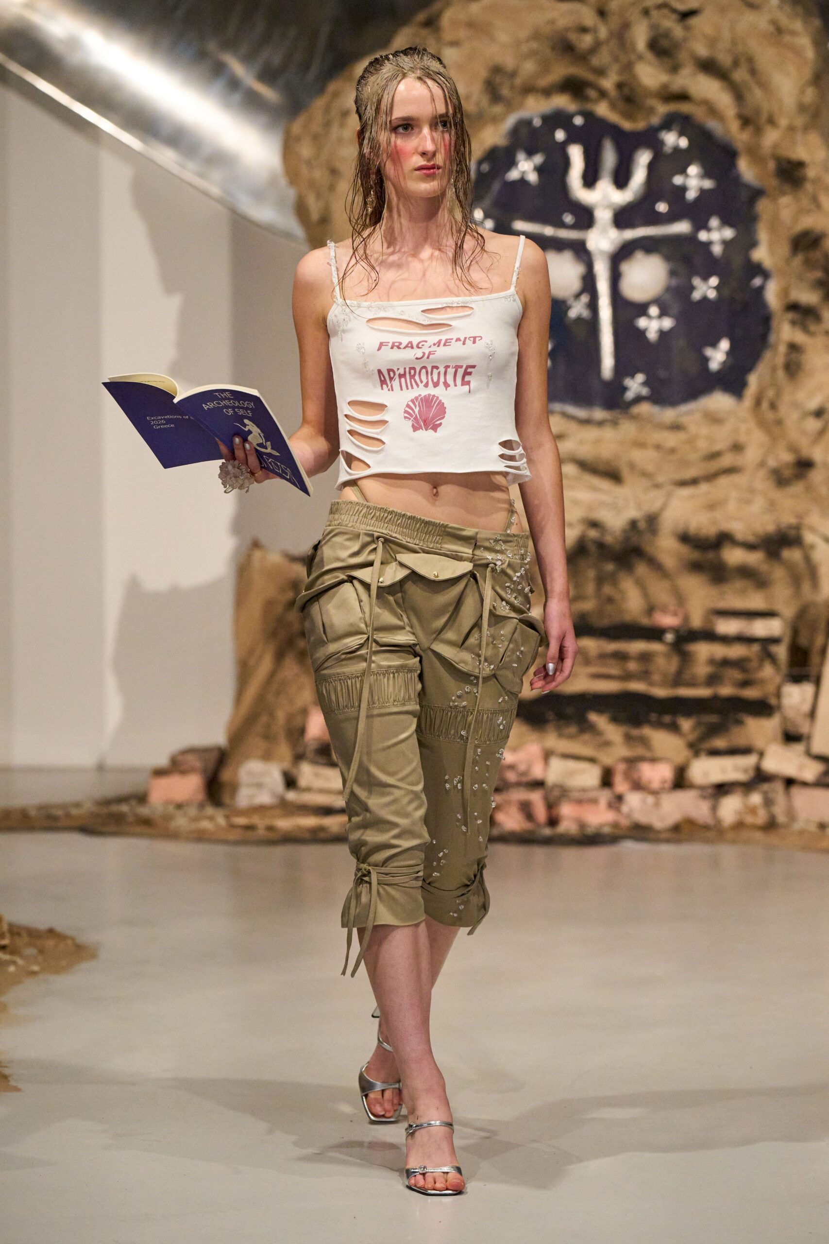 white cutout top beige cargo pants