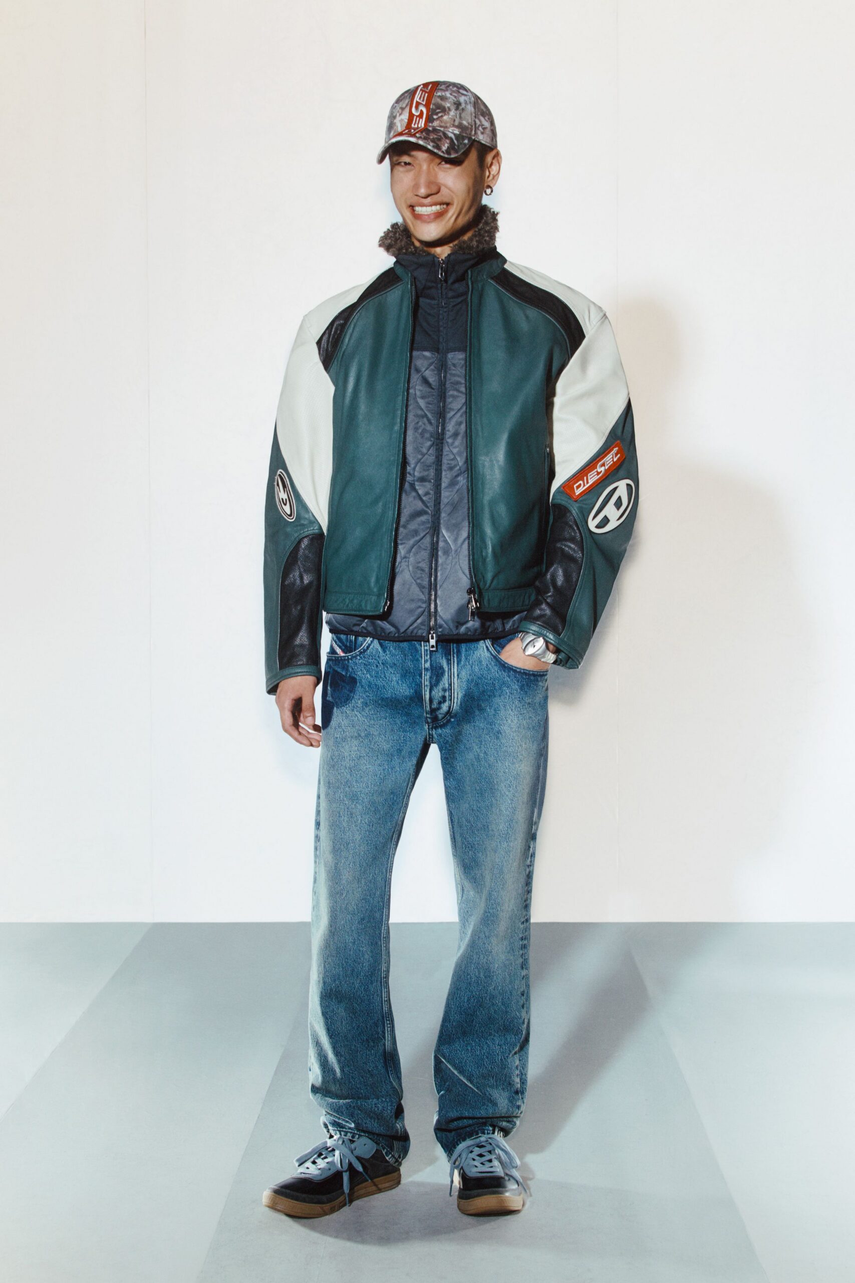 green leather jacket with denim pants