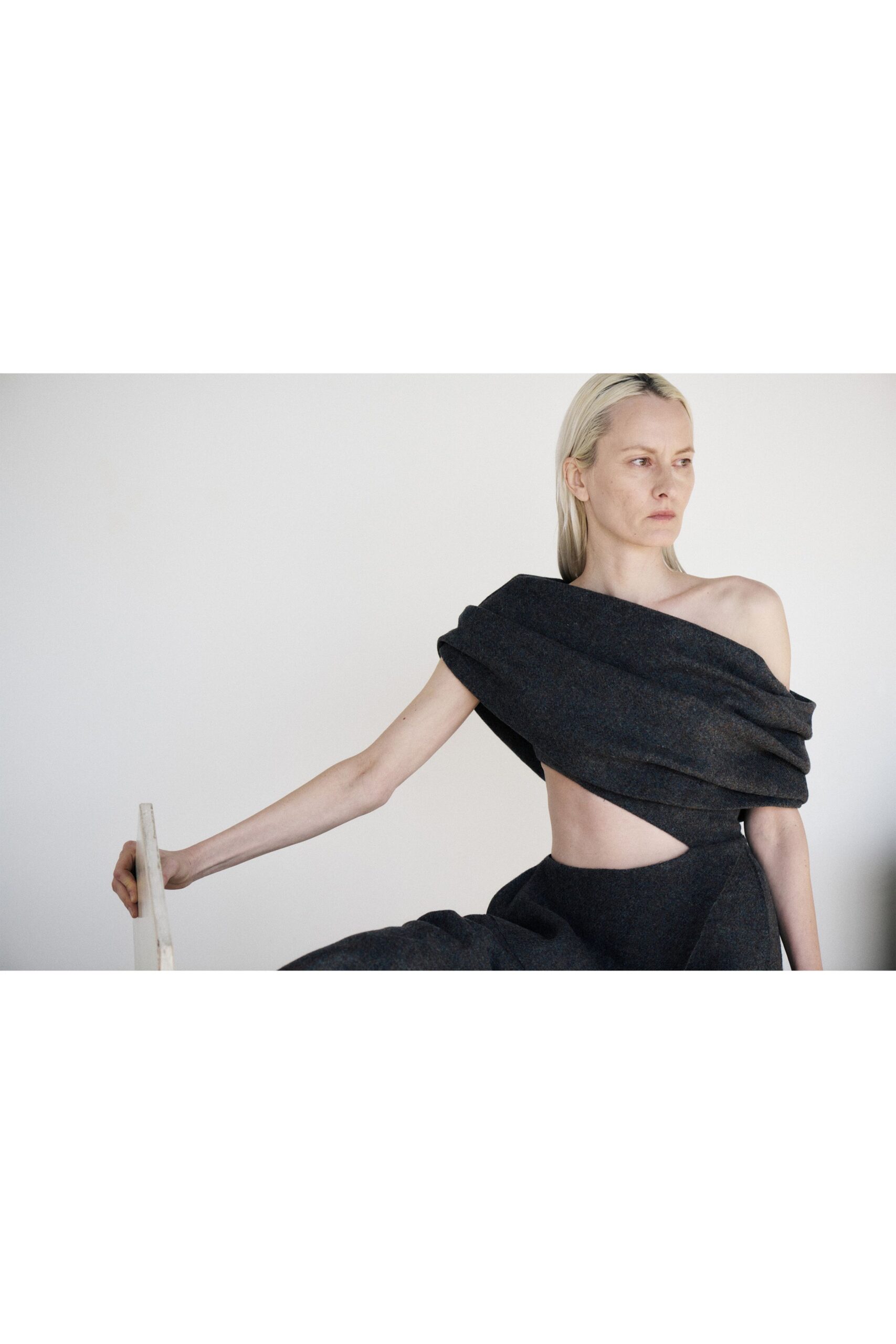 black wool off-shoulder dress