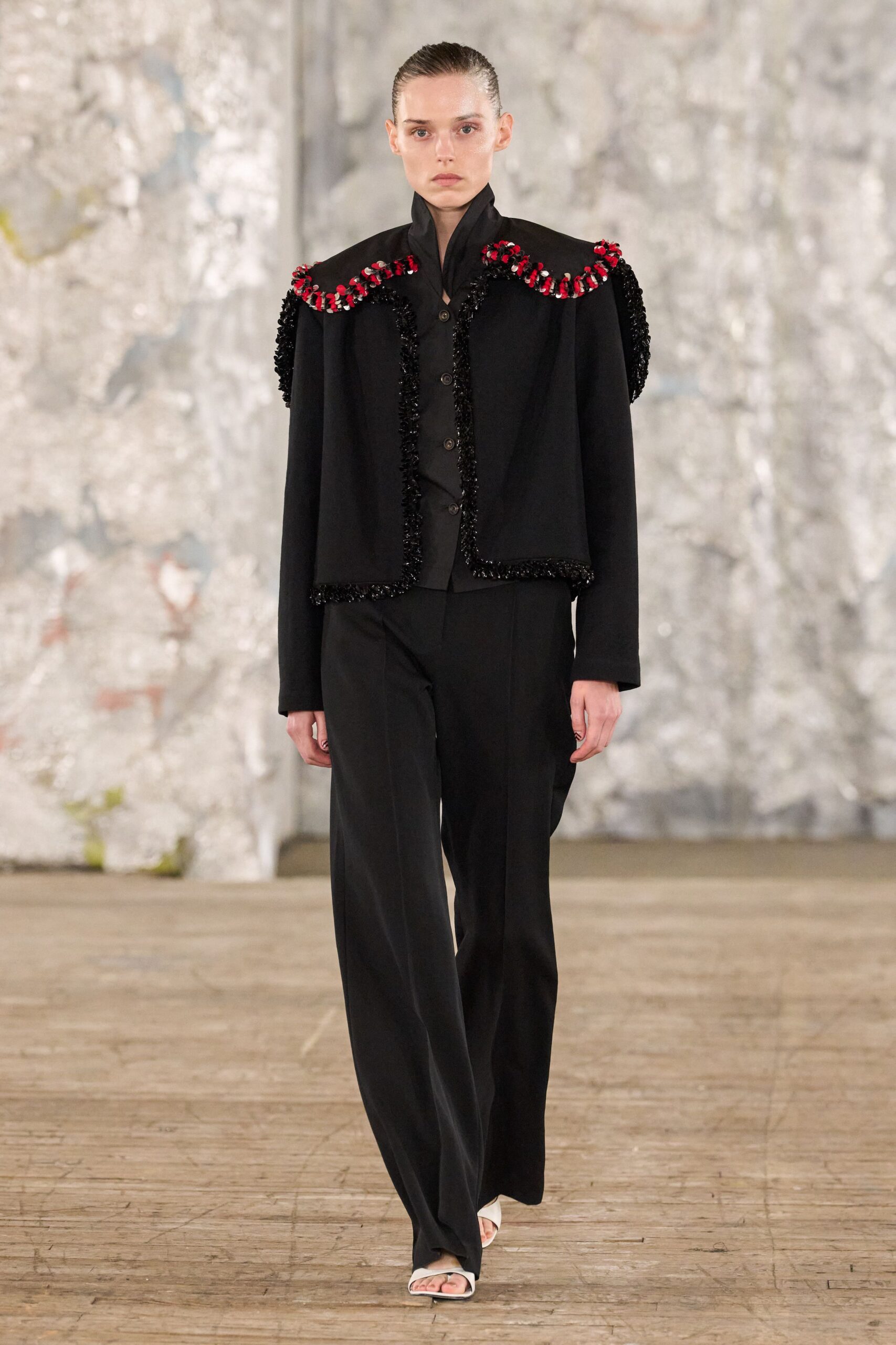 black wool long-sleeve collared tailored embellished jacket
