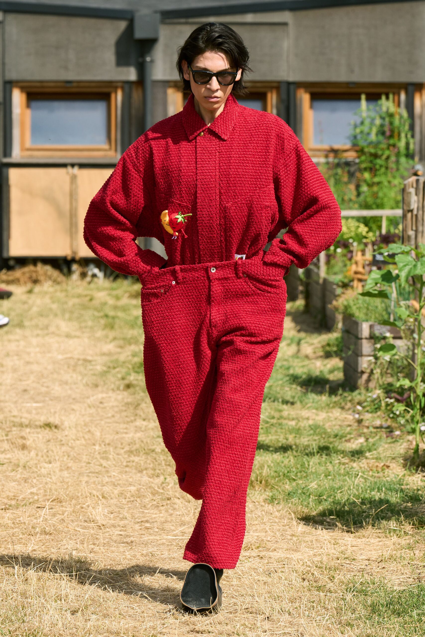 red cotton long-sleeve collared relaxed buttoned pockets jumpsuit