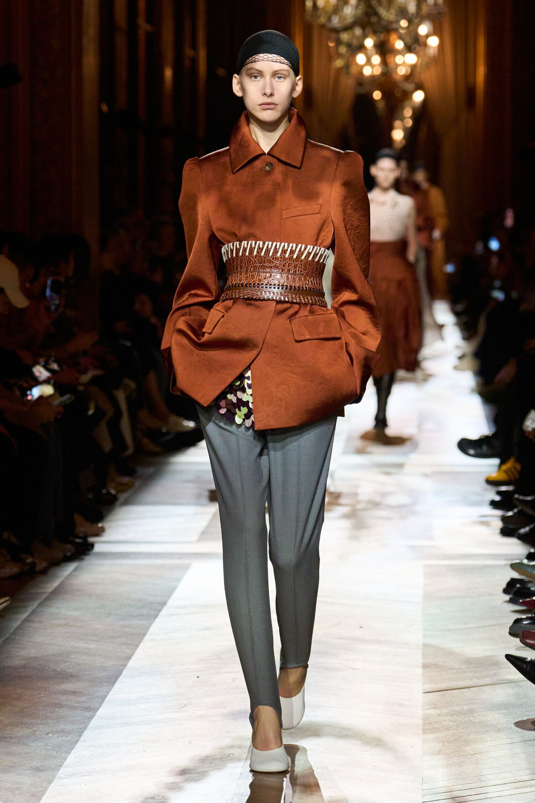 brown silk long-sleeve collared structured buttoned blazer