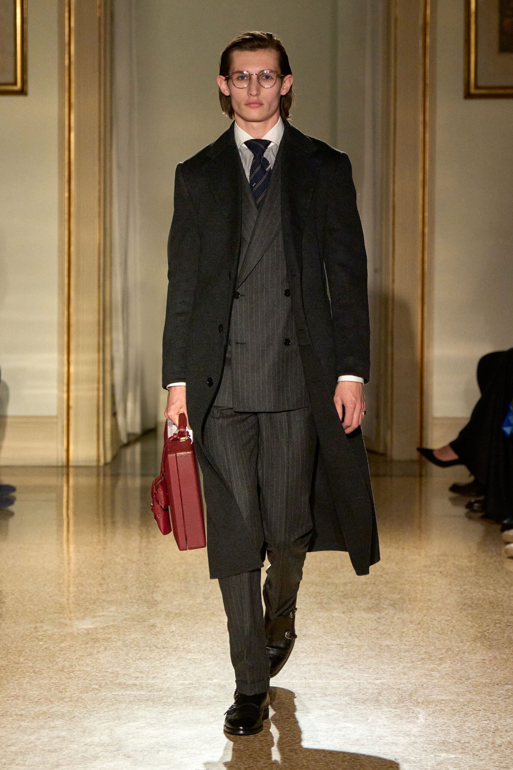 black wool coat gray suit