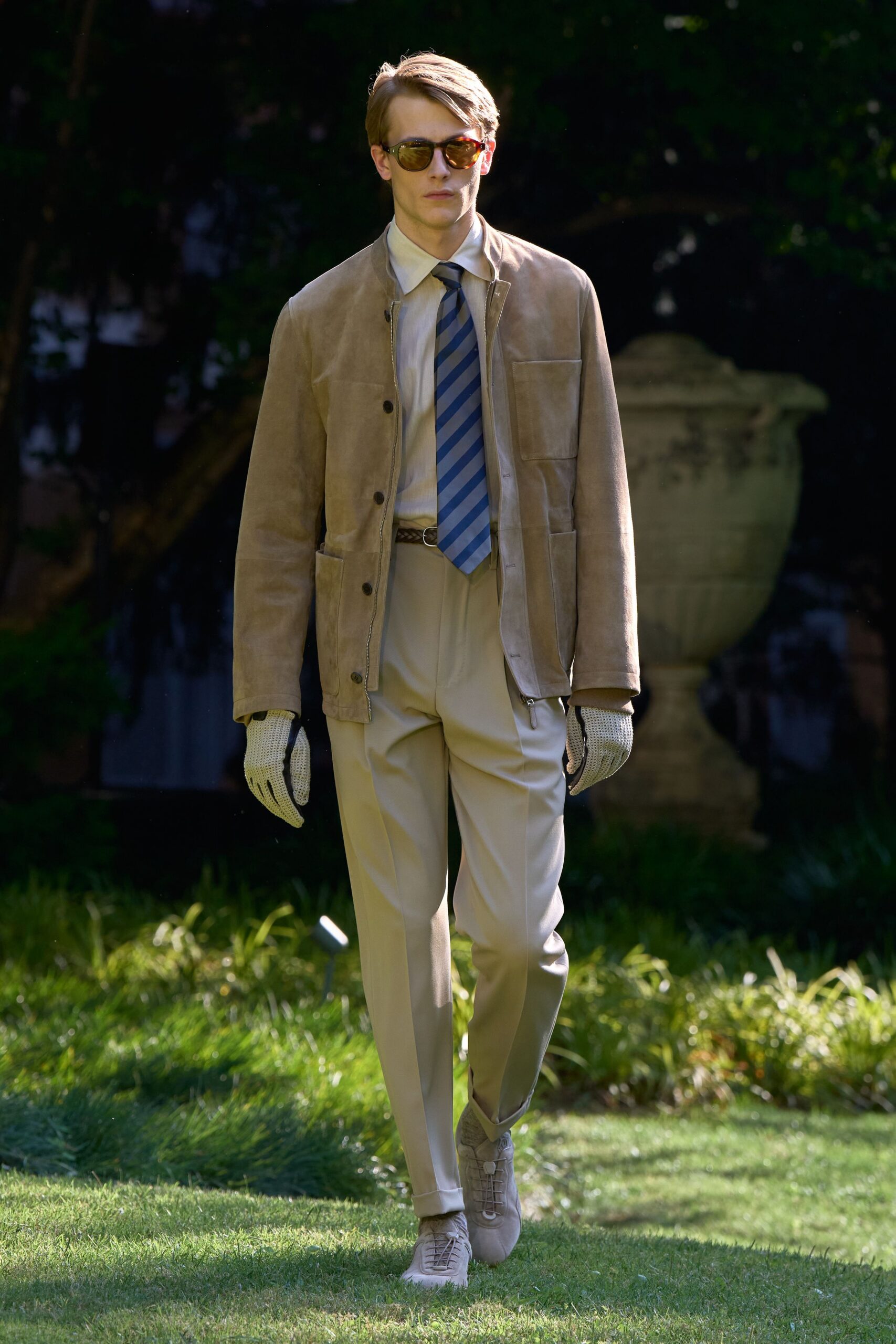 beige suede jacket with white shirt