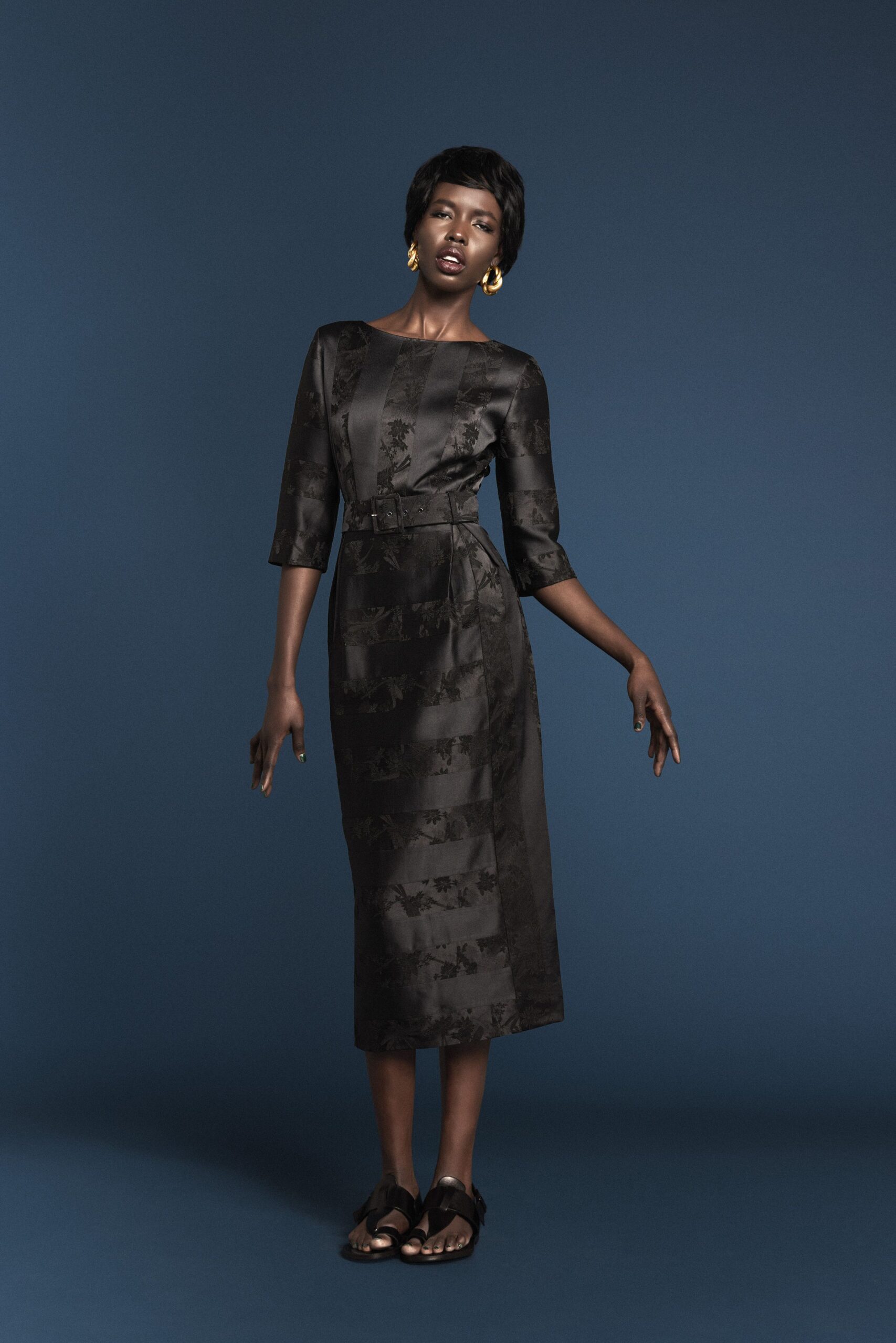 black silk long-sleeve collared fitted belted midi dress