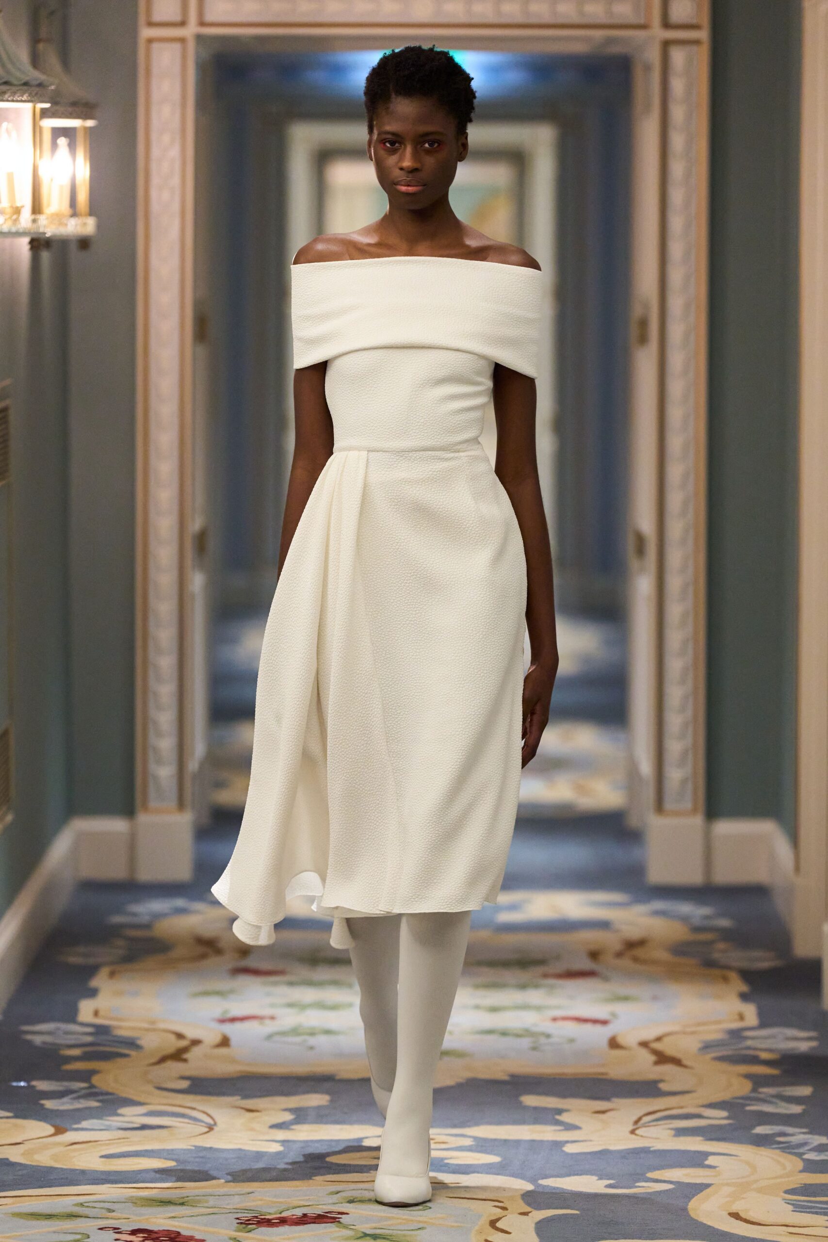 white cotton off-shoulder fitted draped midi dress