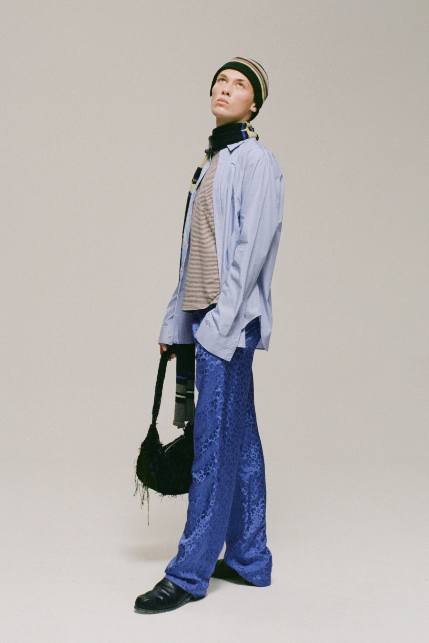 blue silk relaxed flared pants