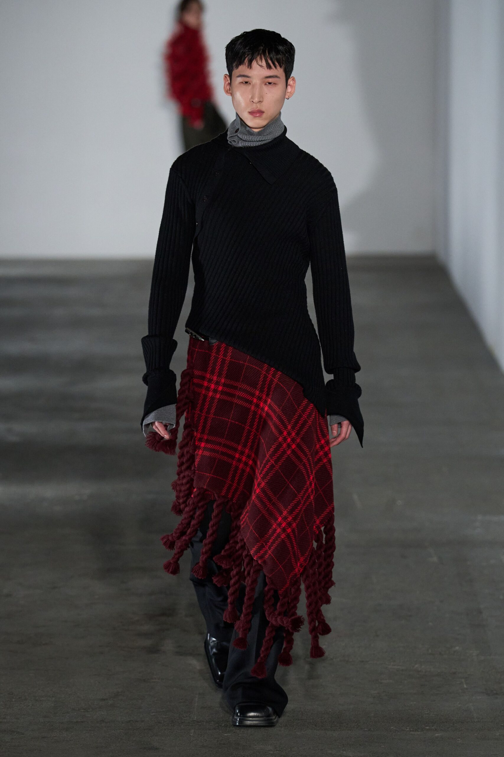 black wool long-sleeve high-neck fitted ribbed top