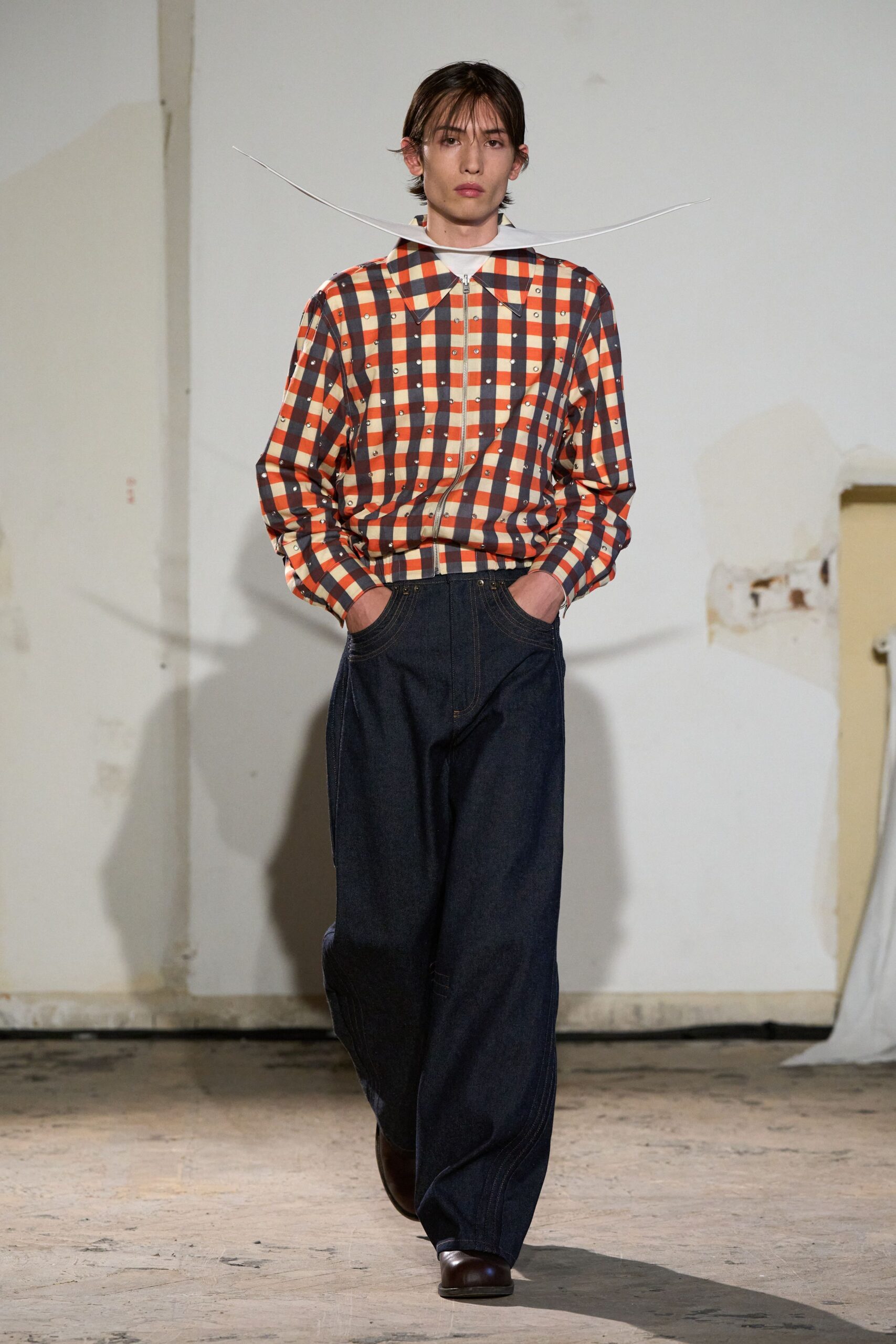 orange cotton long-sleeve collared relaxed checked shirt