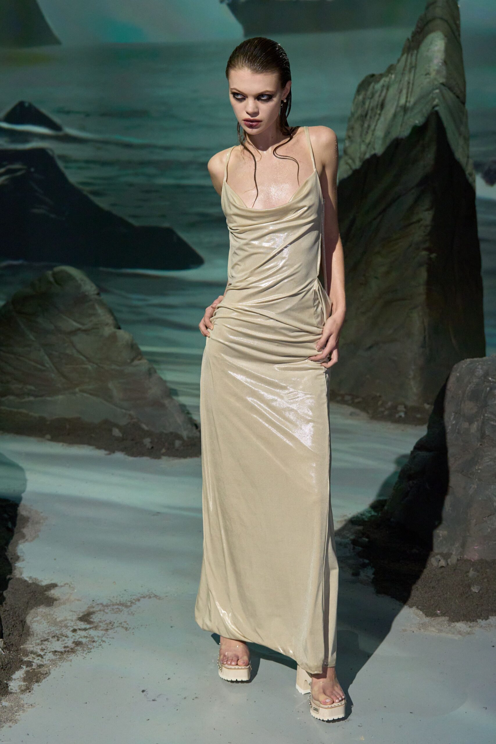 beige silk fitted gown