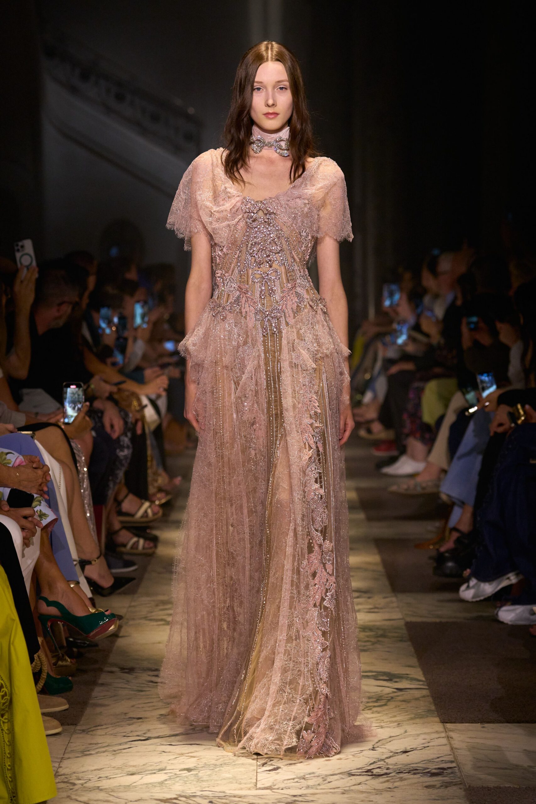 pink lace embroidered gown