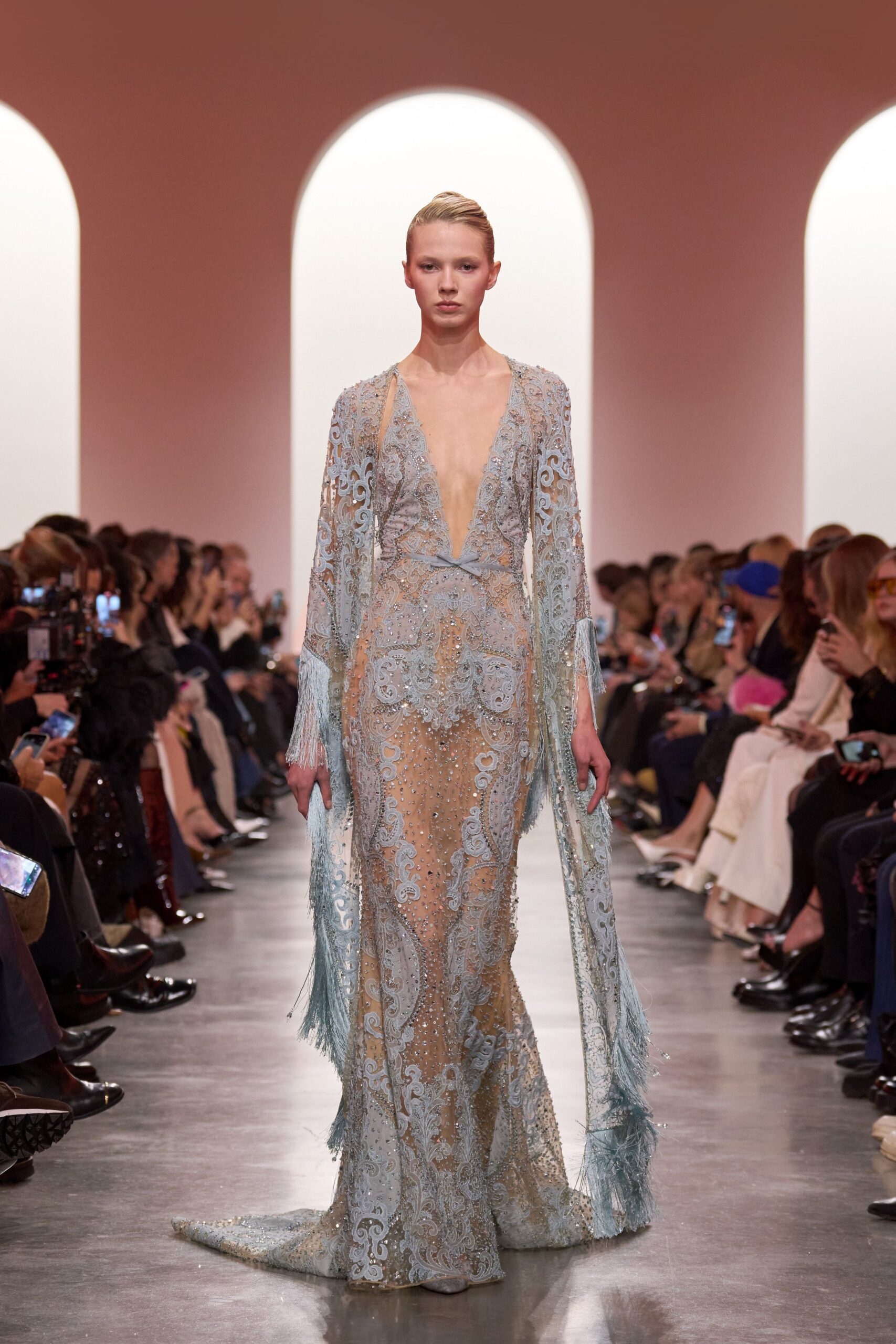 blue beige embroidered gown