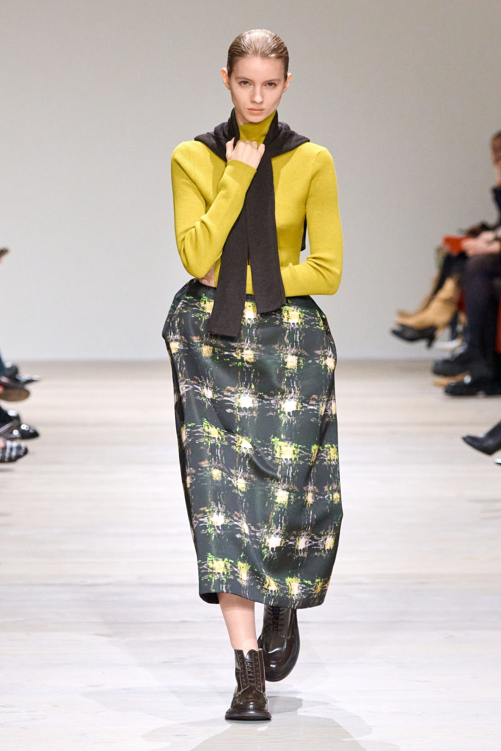 multi silk relaxed pleated midi skirt