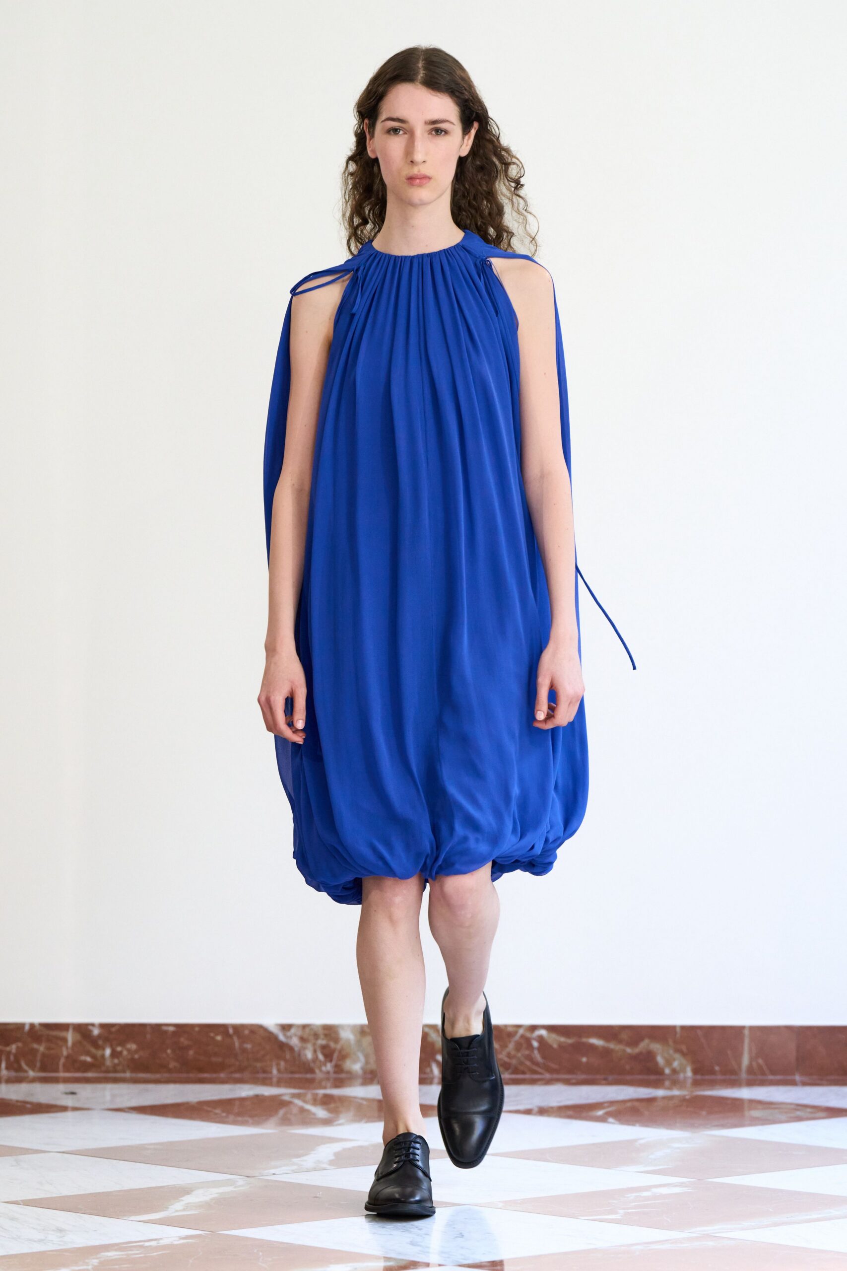 blue silk sleeveless high-neck relaxed draped flowing dress