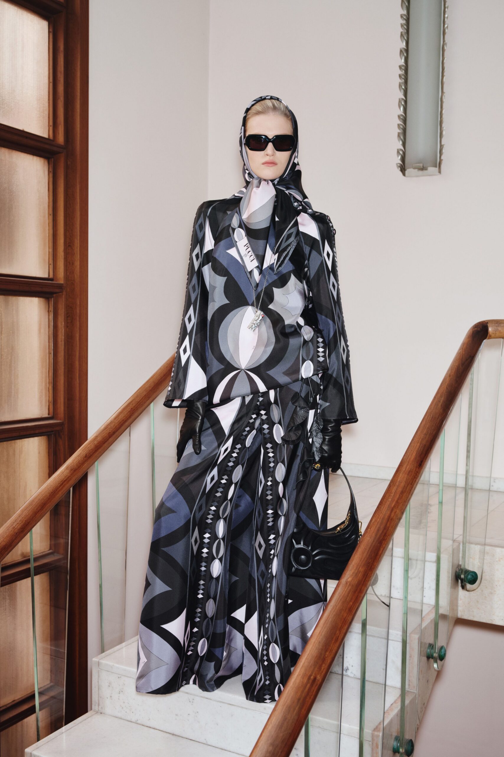 black silk long-sleeve collared fitted printed draped dress