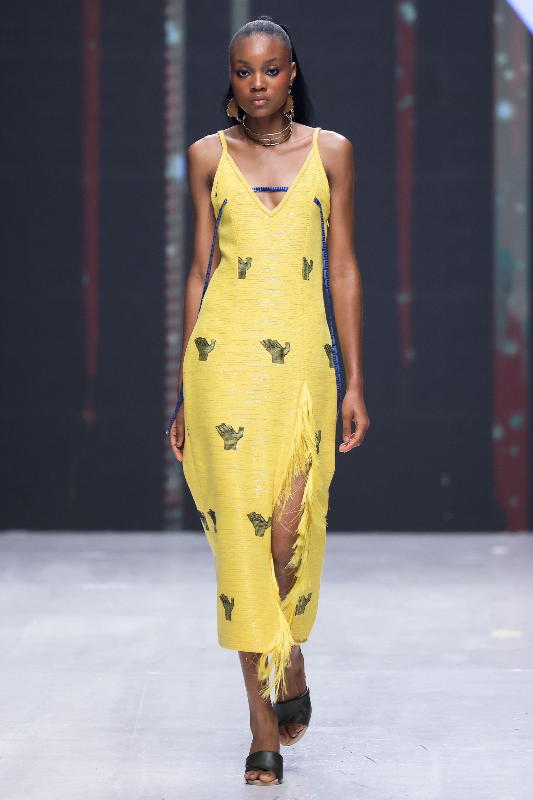 yellow cotton sleeveless v-neck fitted fringed embroidered dress