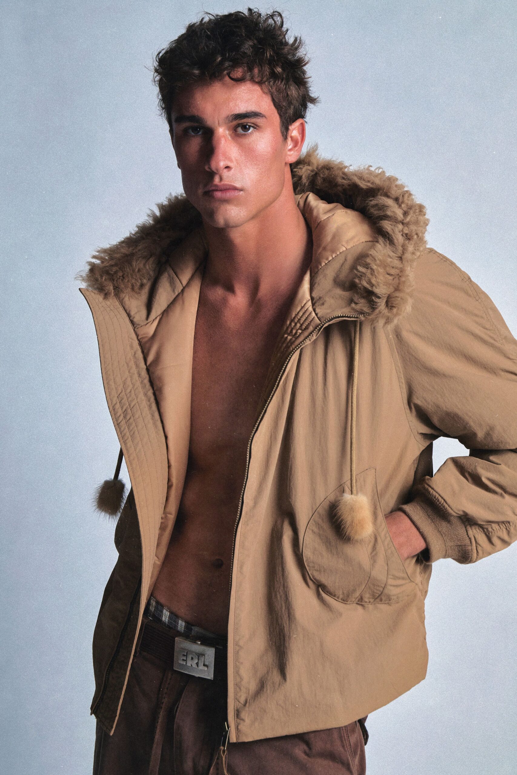 beige faux-fur long-sleeve hooded relaxed zippered jacket