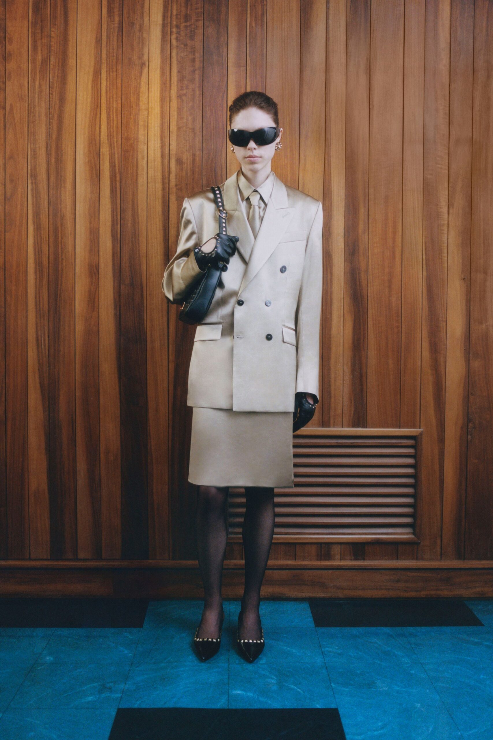 beige tailored blazer and pencil skirt