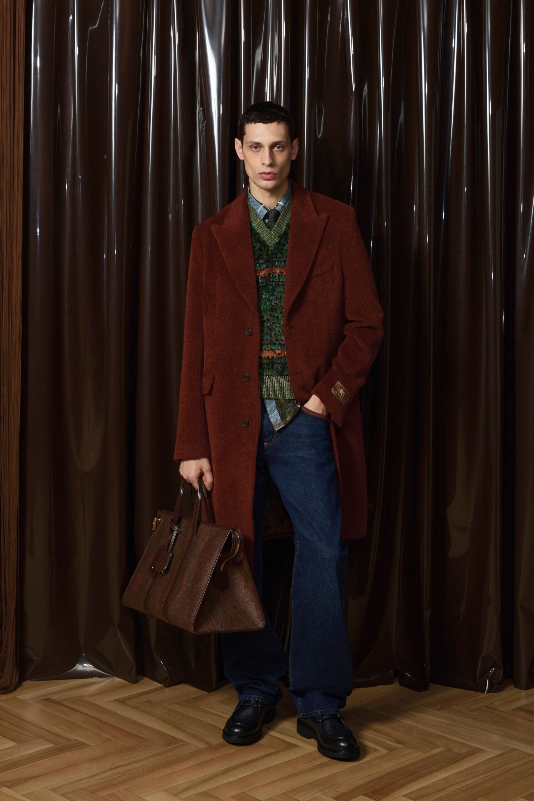 brown wool long-sleeve collared structured coat