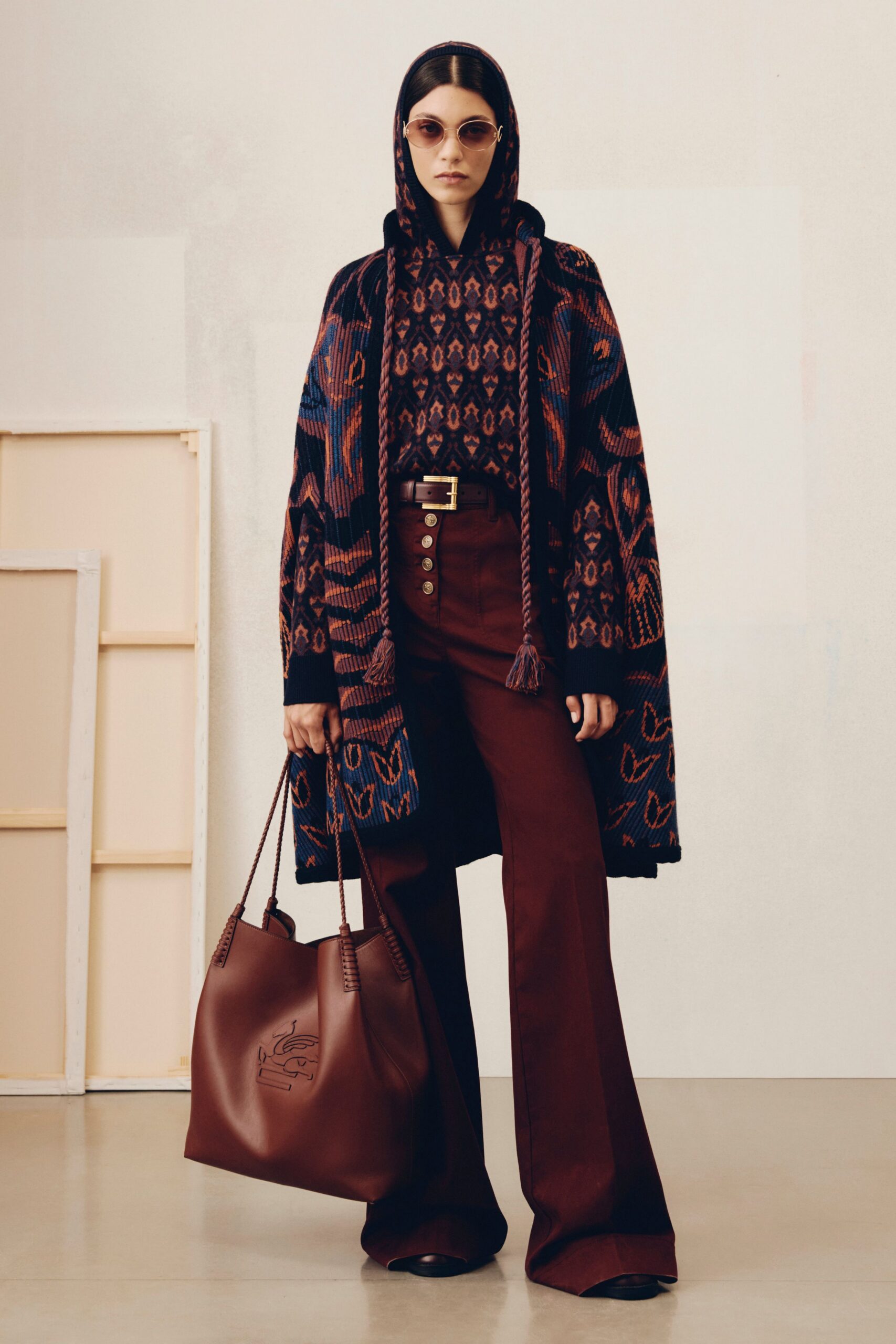 brown cotton fitted flared pants