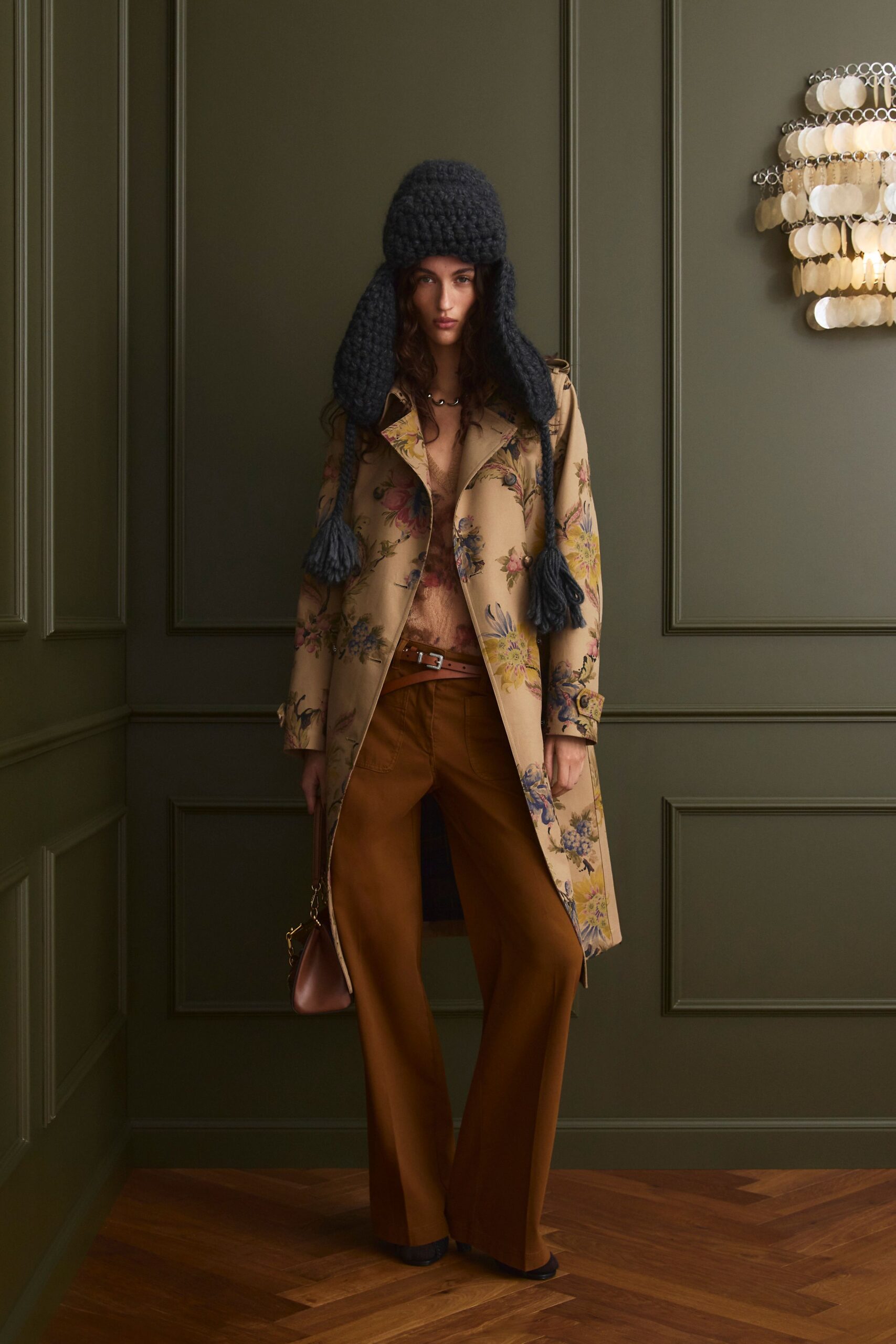 brown cotton fitted flared pants